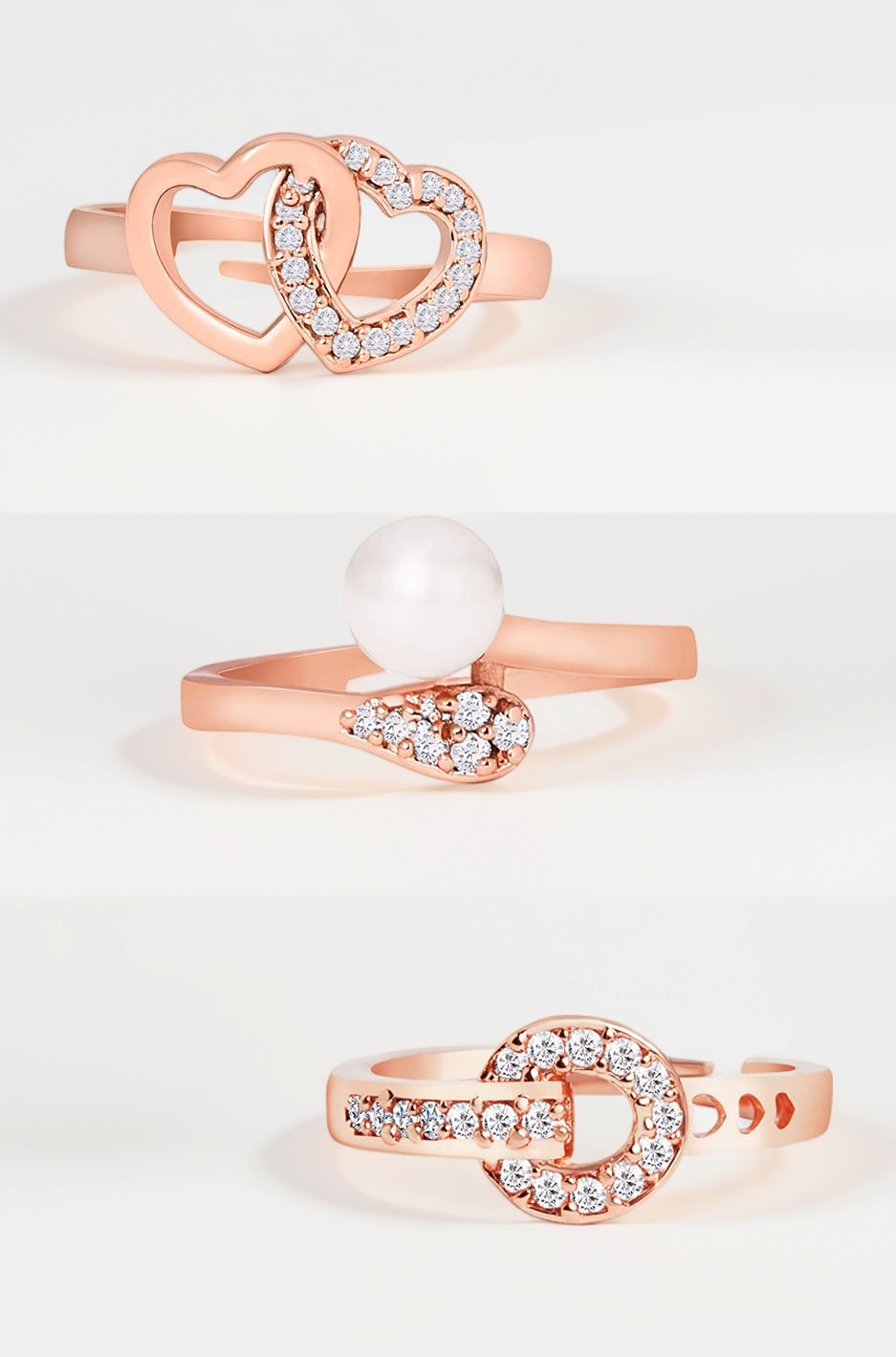 Set of 3 Rose Gold Contemporary Cubic Zirconia Brass Adjustable Rings For Women-ZPFK11176