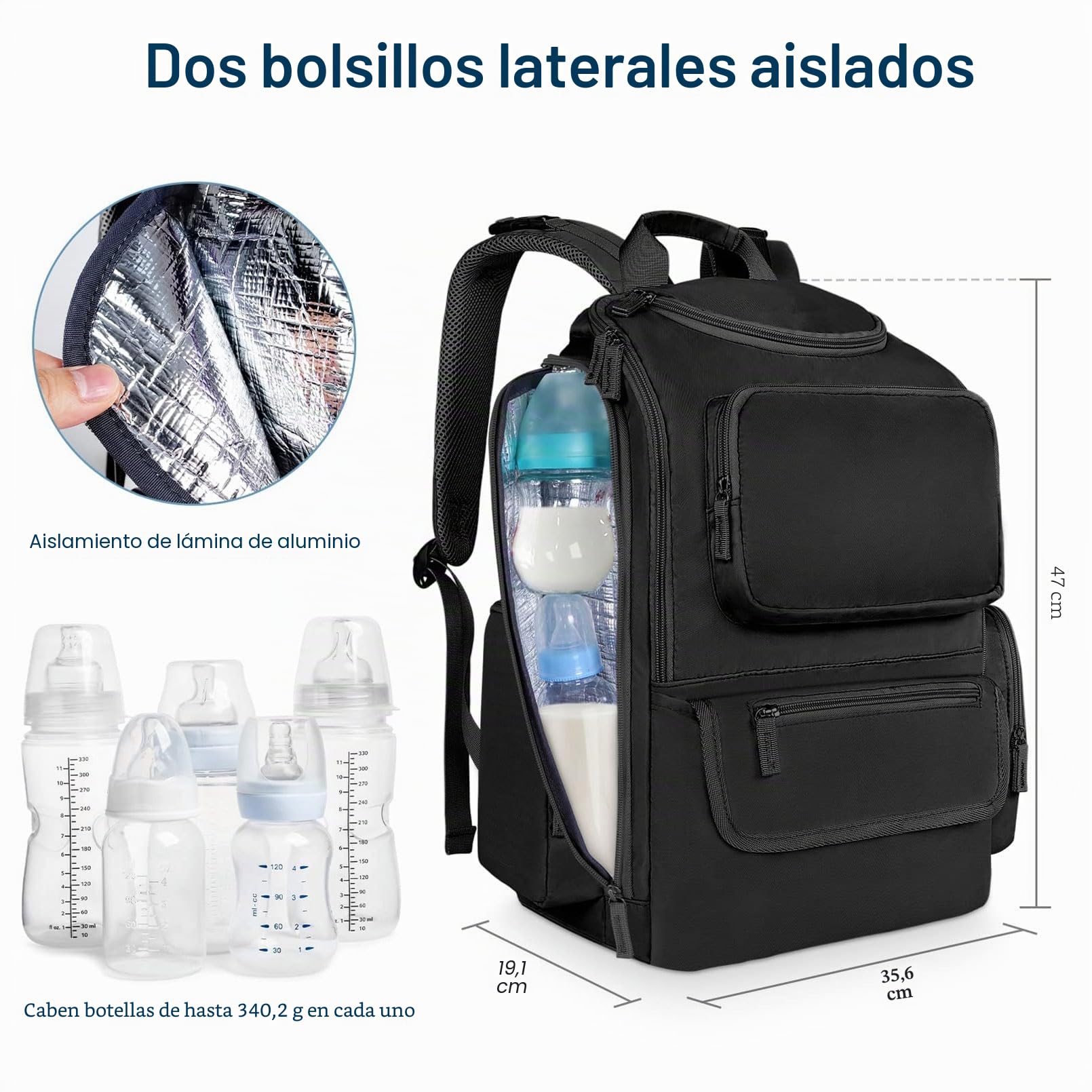 Mancro Mochila Cambiador Bebe, Mochila Maternidad Diaper para Carro Bebe Pañalera con 2 Bolsillos Laterales Aislantes, Impermeable Multifuncional Correas Cochecito Adecuado para Papá y Mamá, Negro