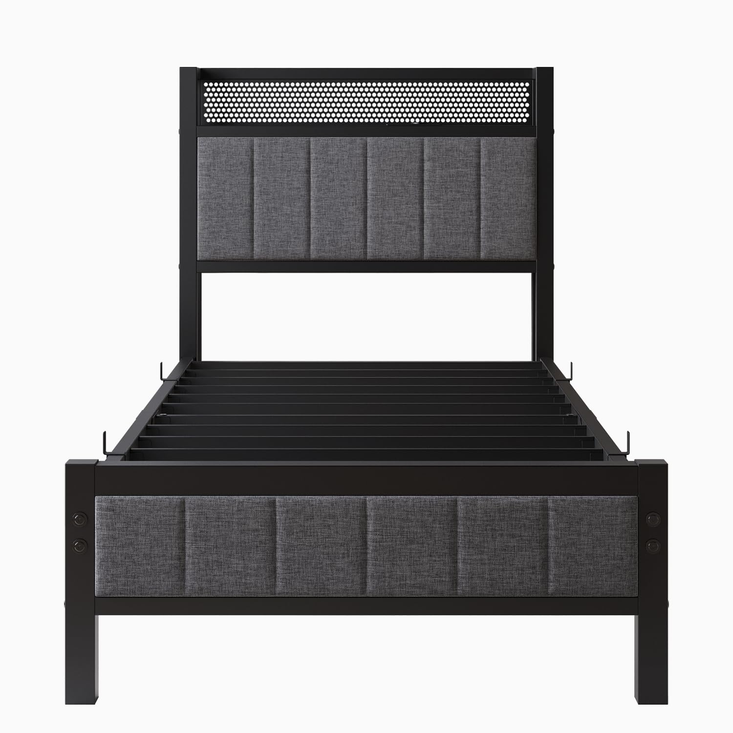 Bettrahmen mit Ladestation Einzelbett Gästebett Metallbett Polsterbett 90x200 Bettgestell aus Metall,Jugendbett mit Lattenrost Kopfteil in Grau,für Schlafzimmer Gästezimmer