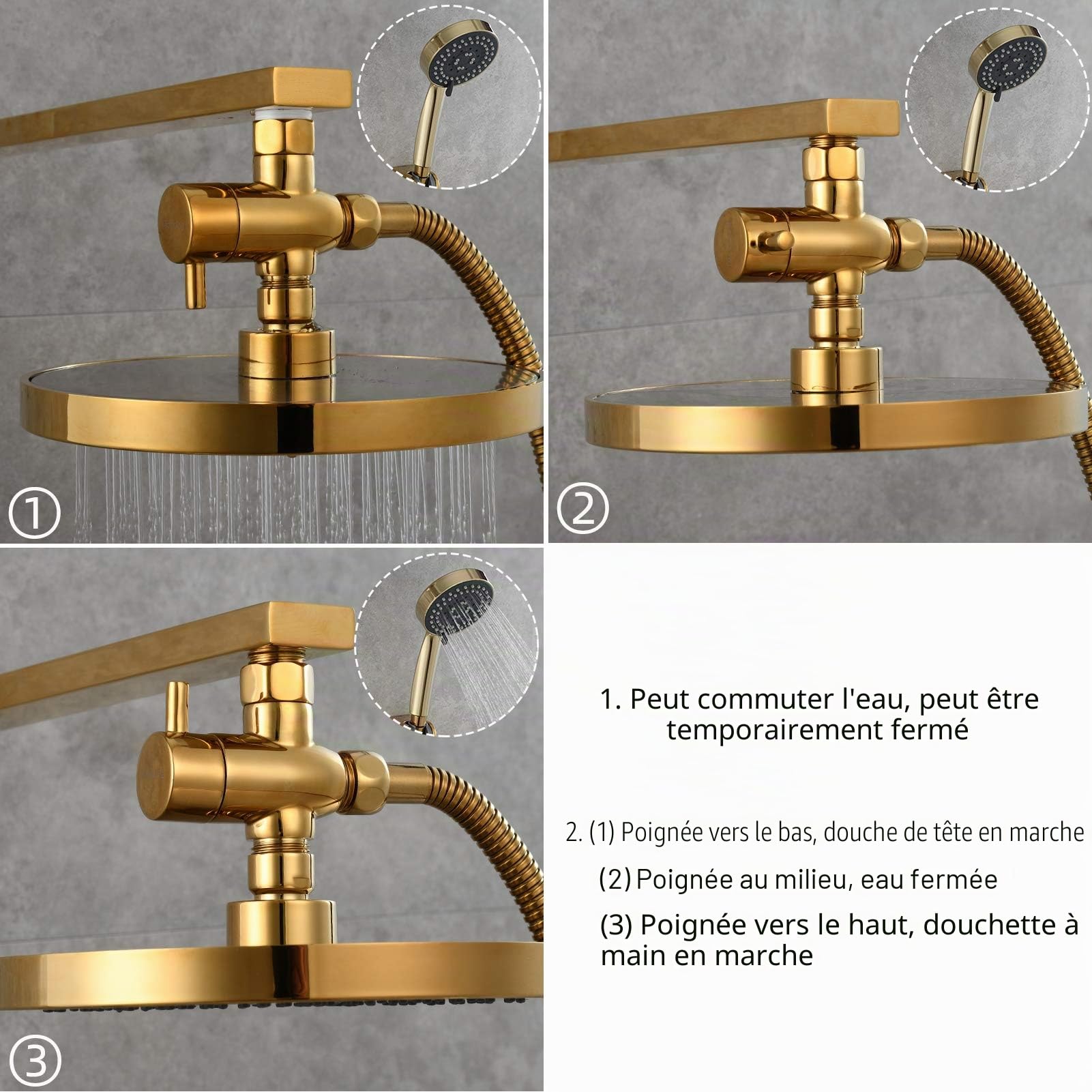 Tecmolog DSF012J Robinet de douche 3 voies 1/2" laiton vanne d'arrêt de douche adaptateur T pour douchette à main Titangold