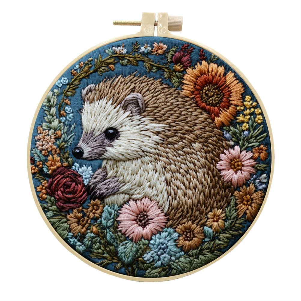 Meecaa Hedgehog Animal Flower Embroidery Kit Starter Set, Hand Embroidery Set,Pattern Printed Cross Stitch Set For Beginner Adults, With Embroidery Hoop And Instructions (Hedgehog)