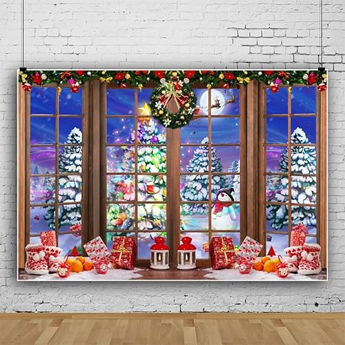 Miniatura 2 de CRTPOD Telón de fondo de ventana de Navidad de 9 x 6 pies para sesión de fotos, bosque de nieve de invierno, muñeco de nieve, fondo nocturno de luna