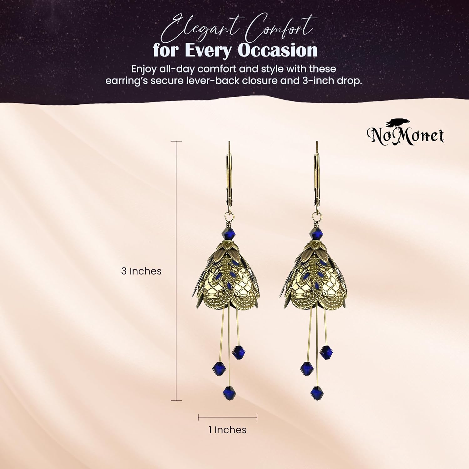 NoMonet Italian Courtesan Art Deco Drop Earrings, Hand Painted Vintage Brass Filigree, Crystals, Nature-Inspired Fantasy, Classic Dangle, Made in USA - Image 4