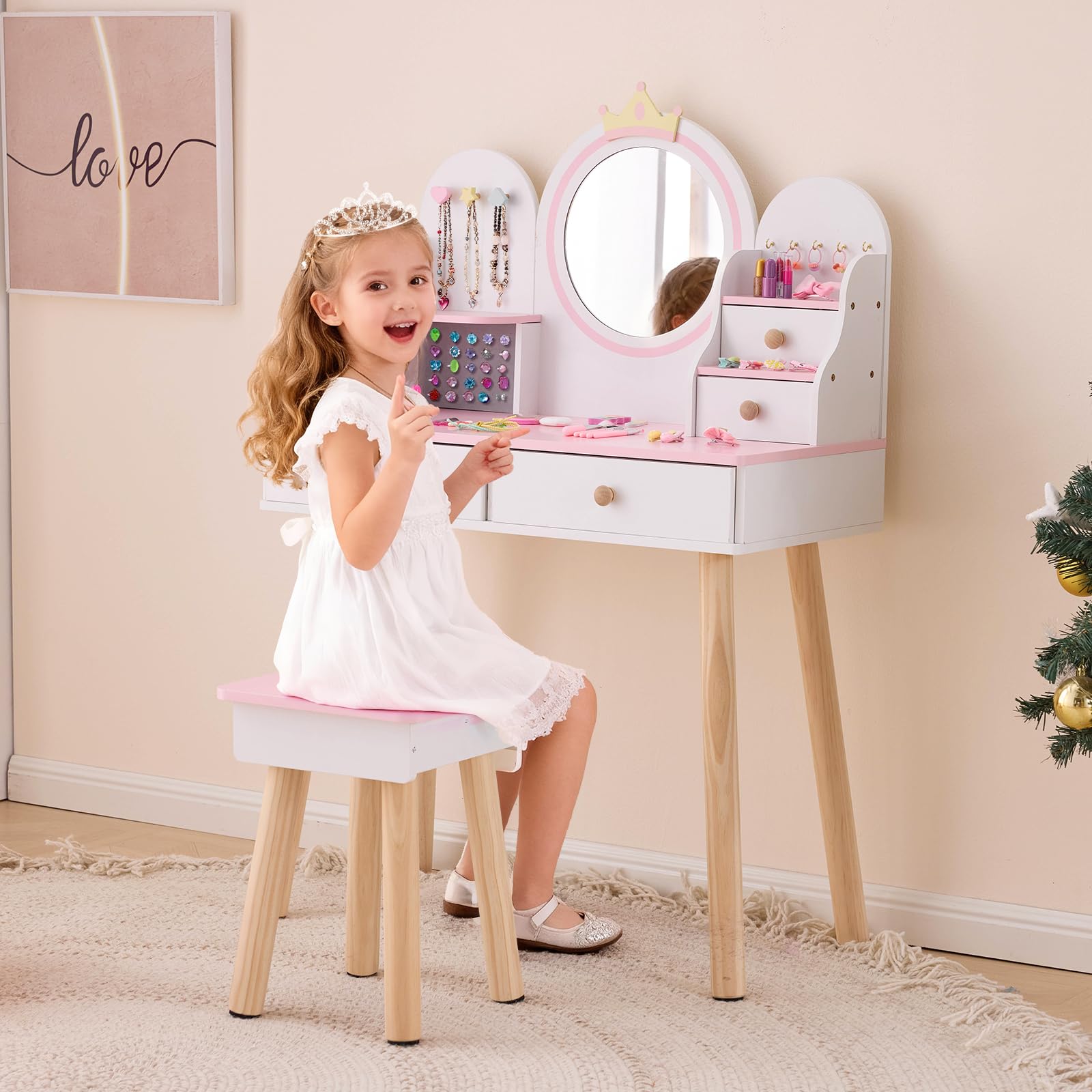 LALAHO Coiffeuse pour Enfants，Coiffeuse Fille avec Tabouret，4 Tiroirs en Bois, Crochets à Bijoux，pour Les 4-9 Ans (Blanc & Rose)