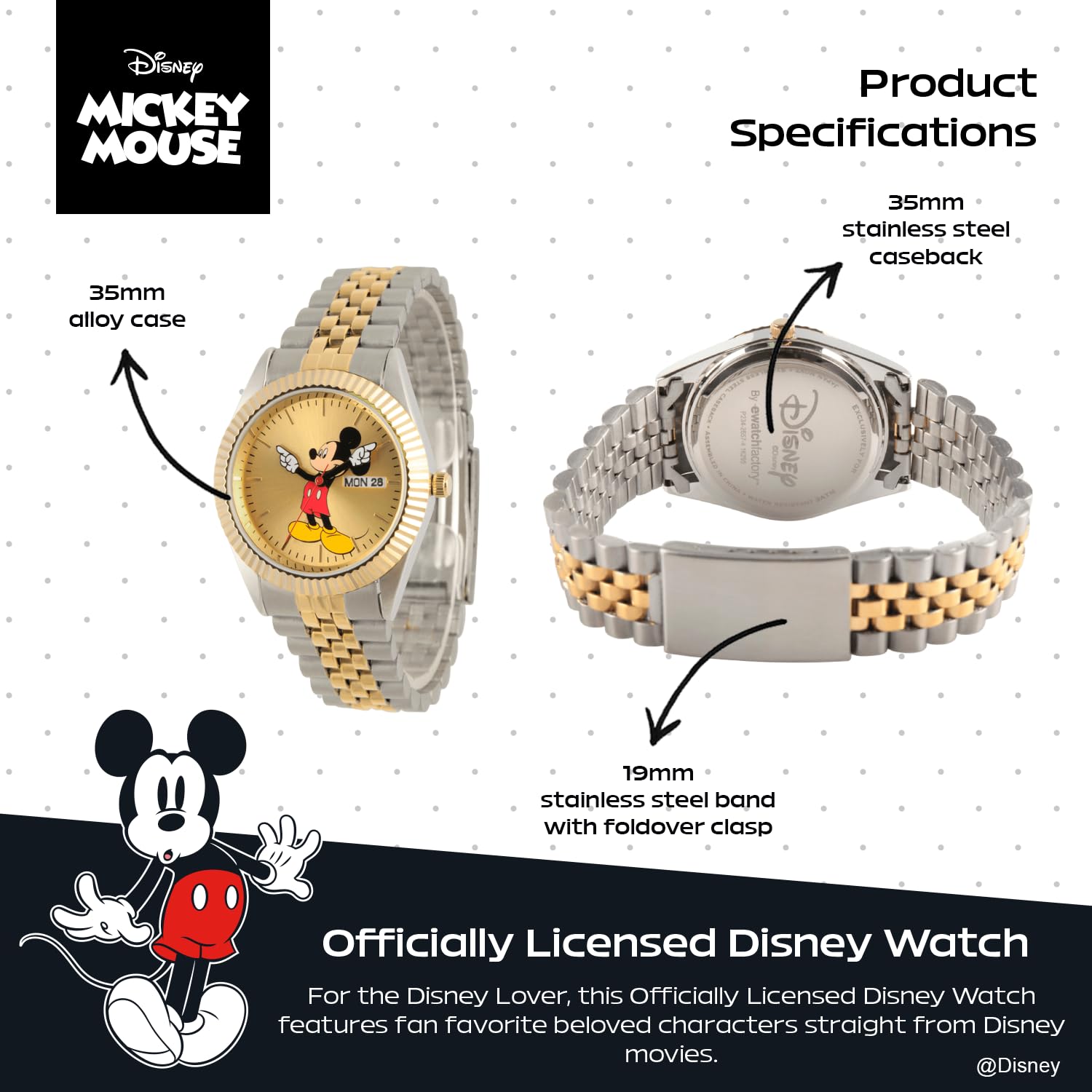 Disney Reloj analógico de Cuarzo japonés para Hombre con Correa de Acero Inoxidable NEWDS000102, Dos Tonos