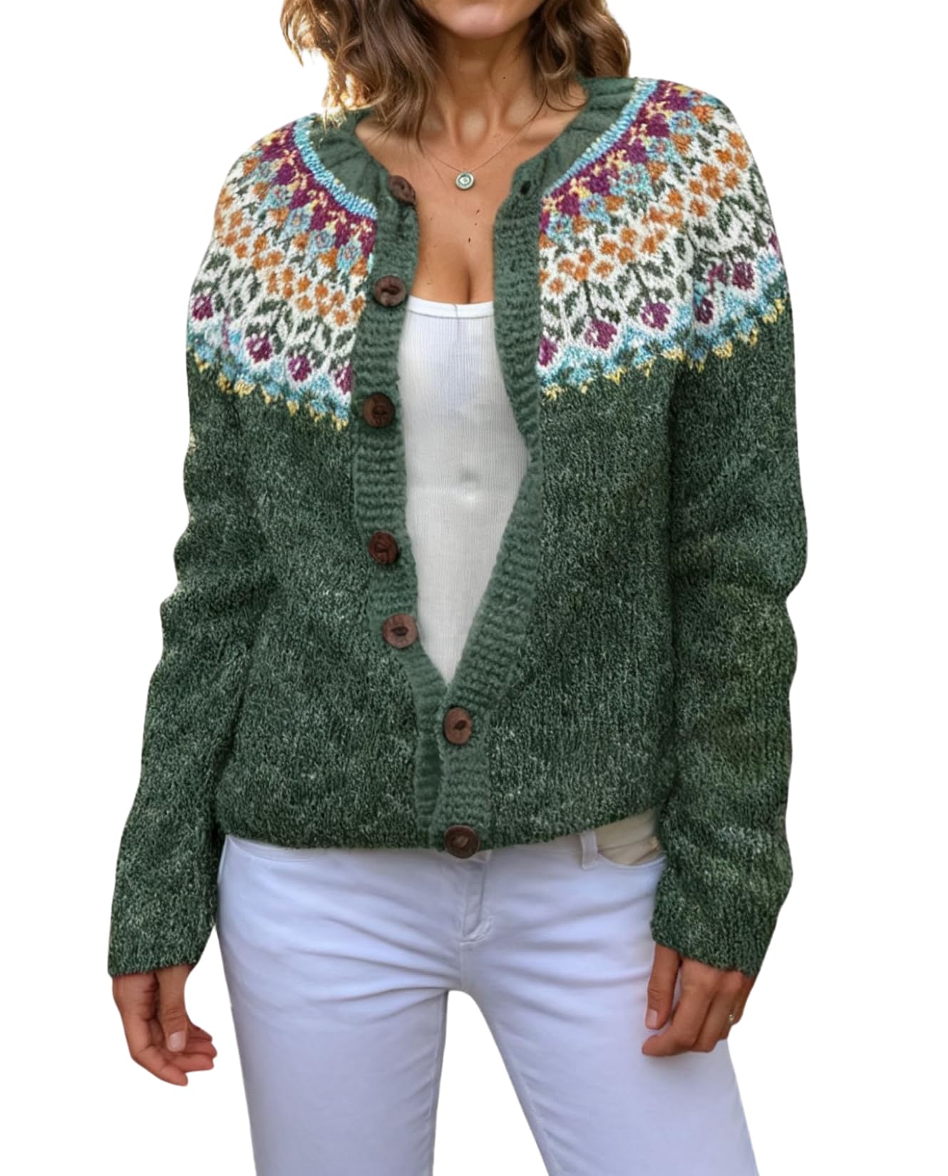 LIZALIG Boho Front Coat Button Down Fall Floral Nordic Colorful Cardigan Open Womens Sweater Print Vintage Knitted