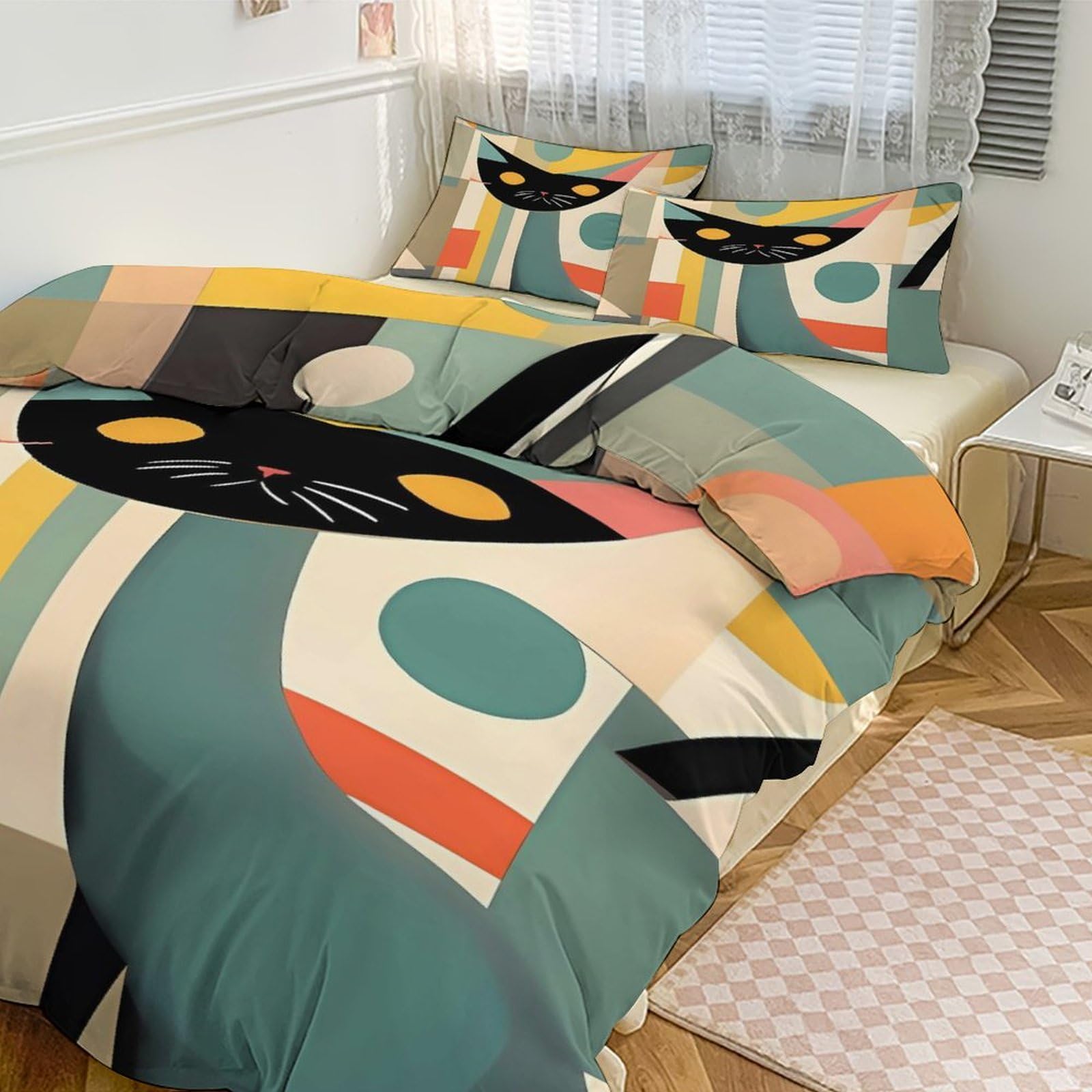 Housse de couette pour grand lit 3 pièces motif chat moderne 218x177 cm