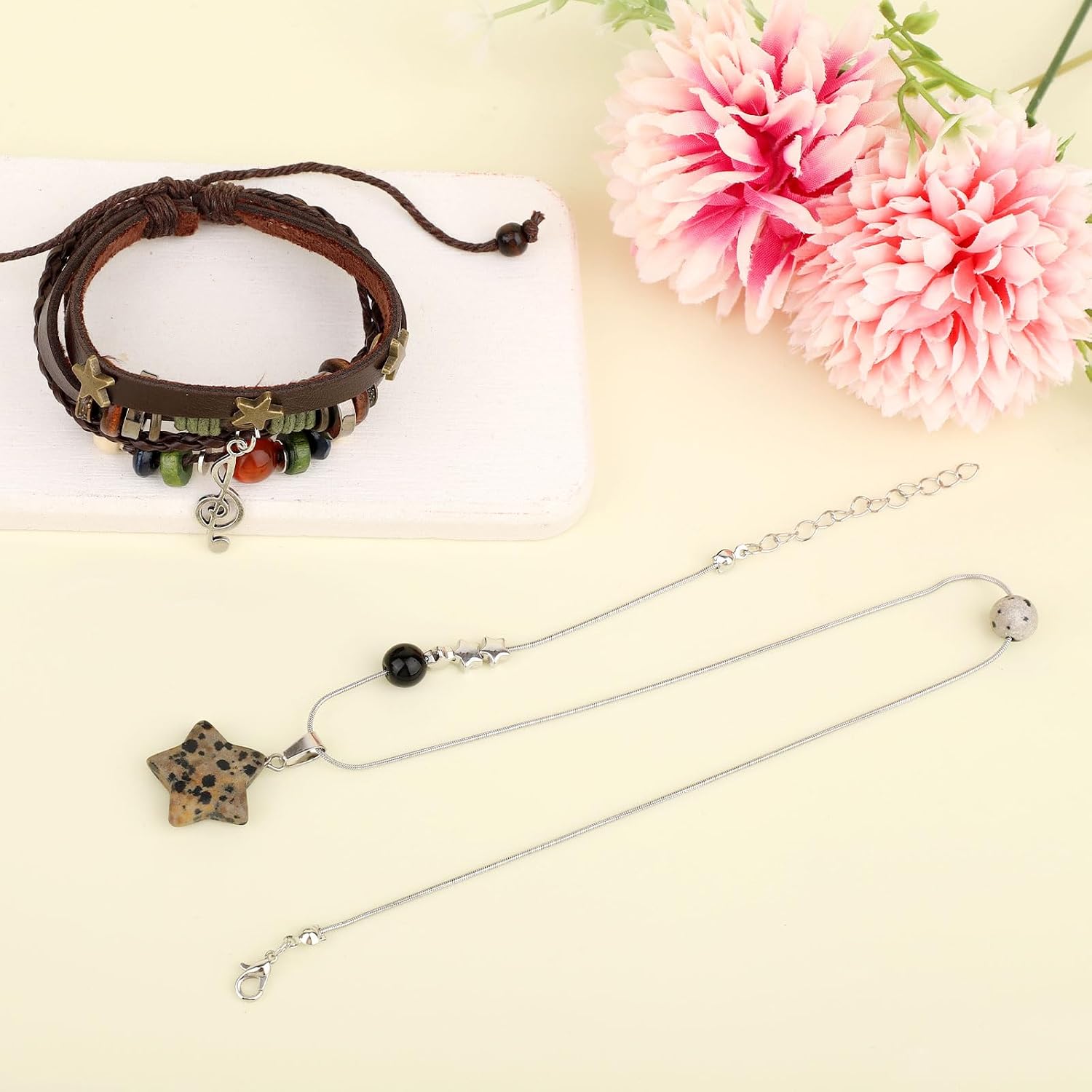 Mikovivi Fairy Grunge Necklace & Bracelet Set, Handmade Multilayer Leather Music Braided Beaded Bracelet Y2K Star Necklace Gothic Punk Rock Music Jewelry Accessories for Women & Men image 3