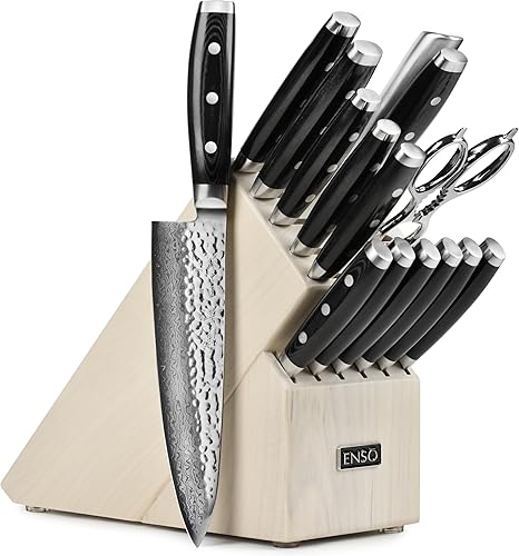 Vista 14 de Enso Juego de cuchillos HD de 16 piezas, fabricado en Japón, acero inoxidable de damasco martillado VG10 con bloque de ceniza oscura Bloque