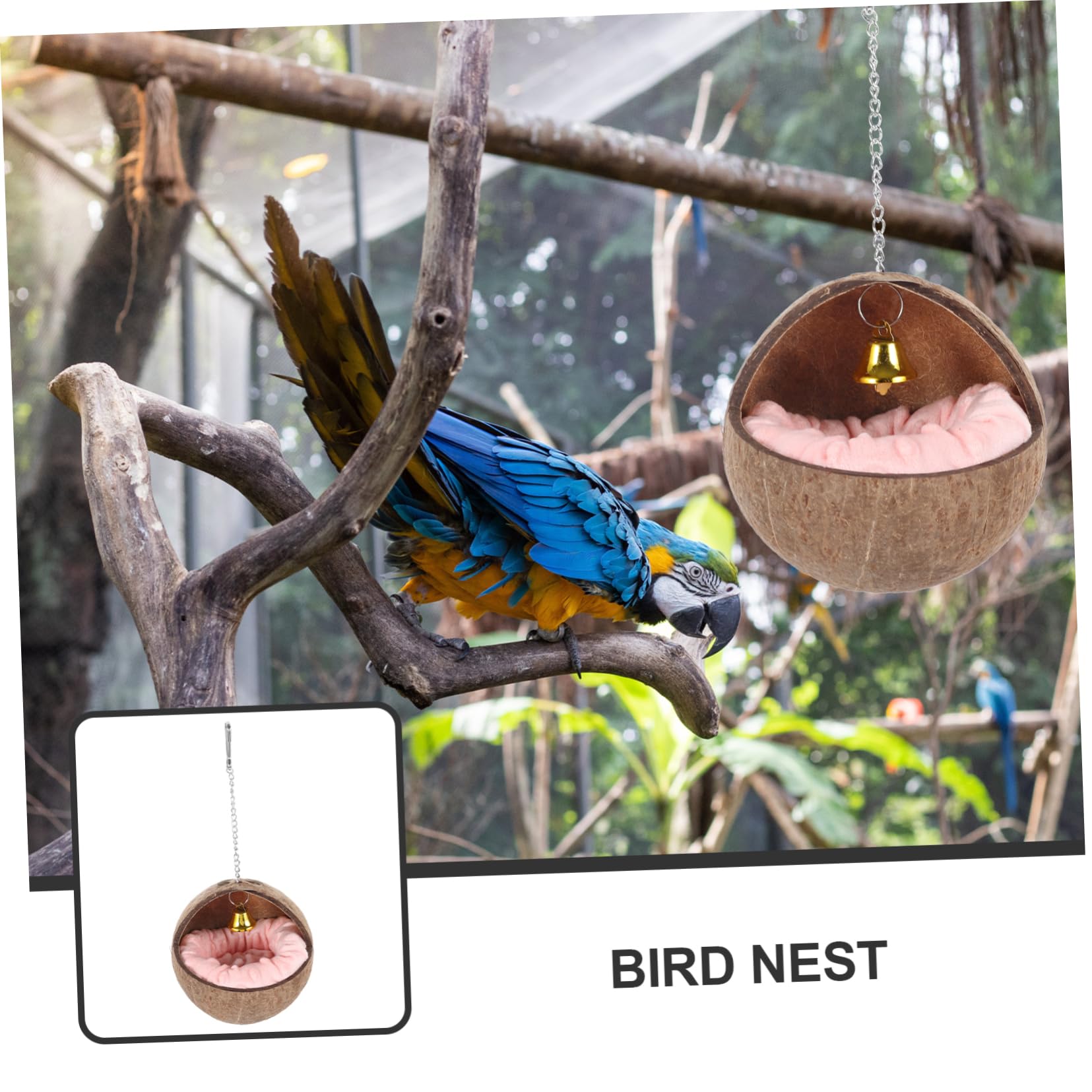 POPETPOP Natural Coconuts Shell Bird Nest with Warm Pad Suspended Parrot House for Birds Durable Wear Resistant for Indoor Outdoor Use Easy to Install for Play Sleep