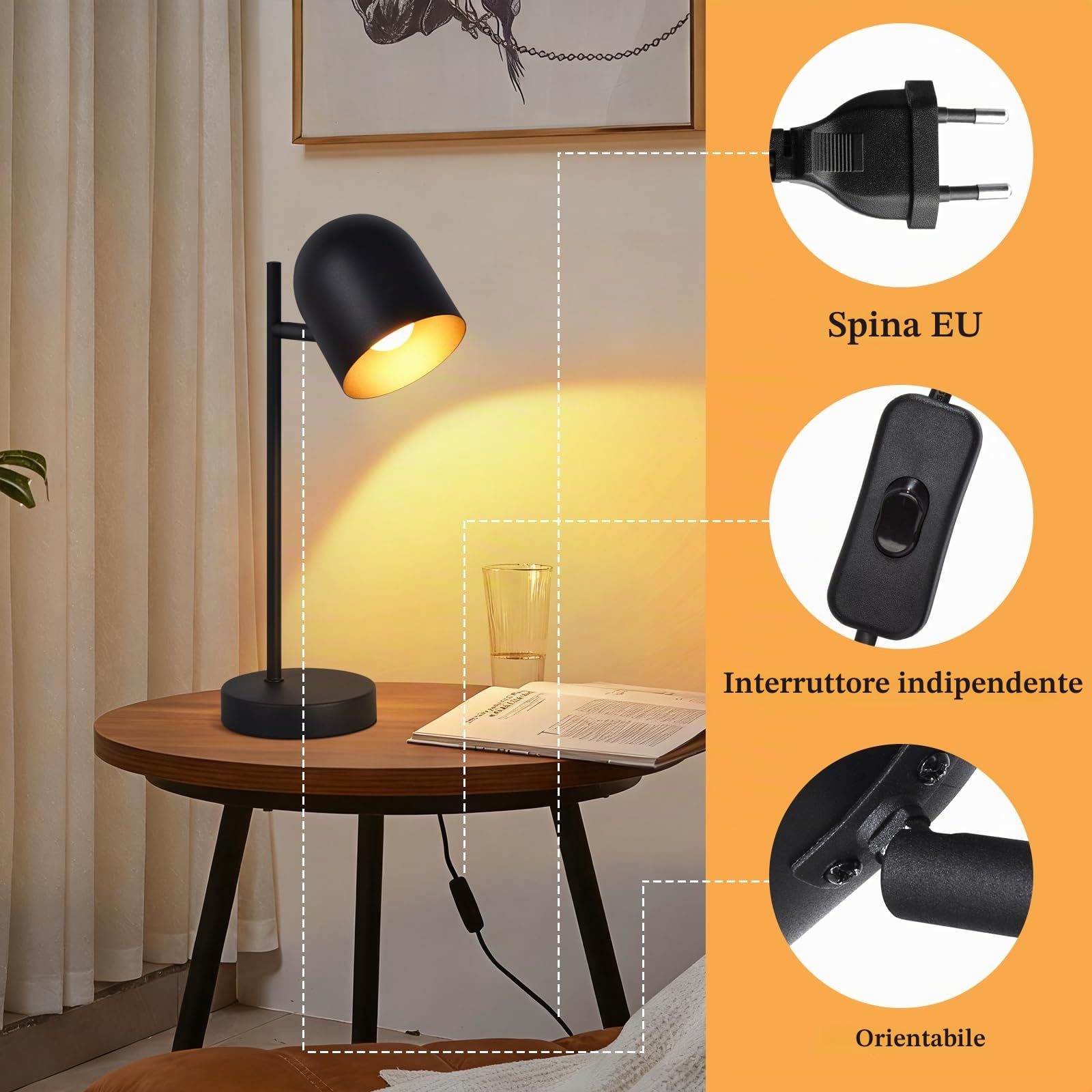 Lampada da tavolo lampada da comodino vintage retrò: lampada da tavolo da soggiorno industriale in metallo nero oro E14 lampada da comodino rustica con cavo lampada da letto - senza lampadina