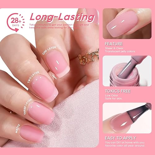 Miniatura 4 de Conaumy Juego de esmaltes de uñas de gel, 6 colores nude, esmalte de gel natural, transparente, blanco lechoso, rosa translúcido, transparente,