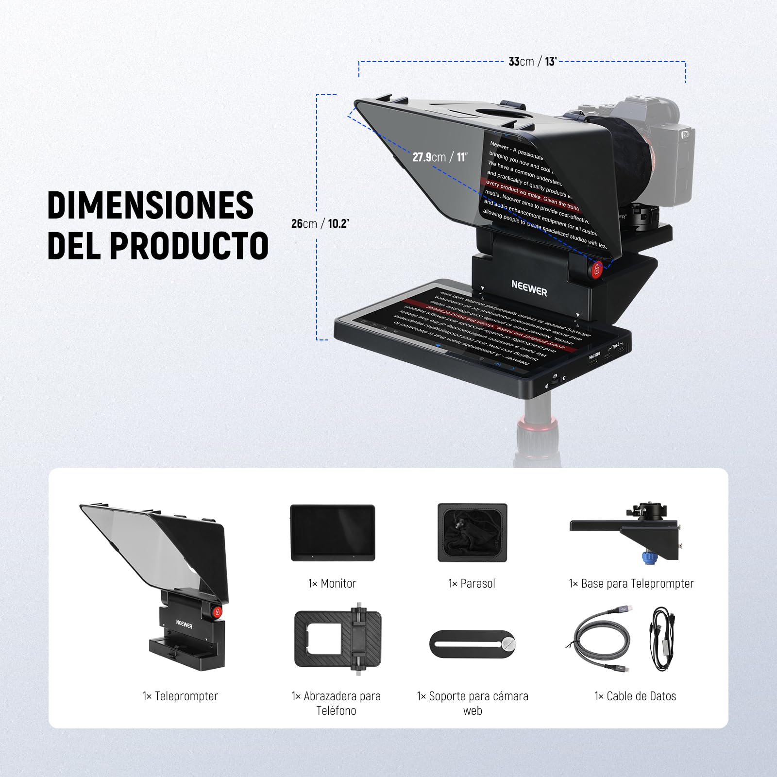 NEEWER Actualizado 2 En 1 Teleprompter 11" con Monitor para Windows MacOS, Admite Duplicación Pantalla, Portátil Prompter para Cámara Teléfono Webcam Youtube Twitch Streaming Videoconferencia, X11