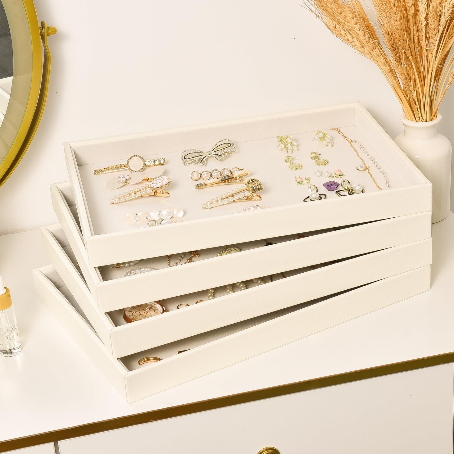 Beige Velvet Jewelry Tray for Drawers Jewelrys Display Tray Stackable Jewelry Organizer Trays for Necklace Bracelet Ring Watch (1 Pack) - Image 6