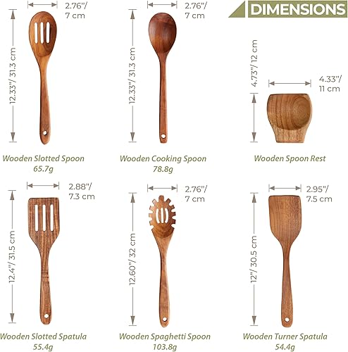 Miniatura 4 de OOZi Juego de cuchara de madera para cocinar, juego de utensilios de madera de acacia de 6 piezas con soporte para cuchara, cucharas antiadherentes