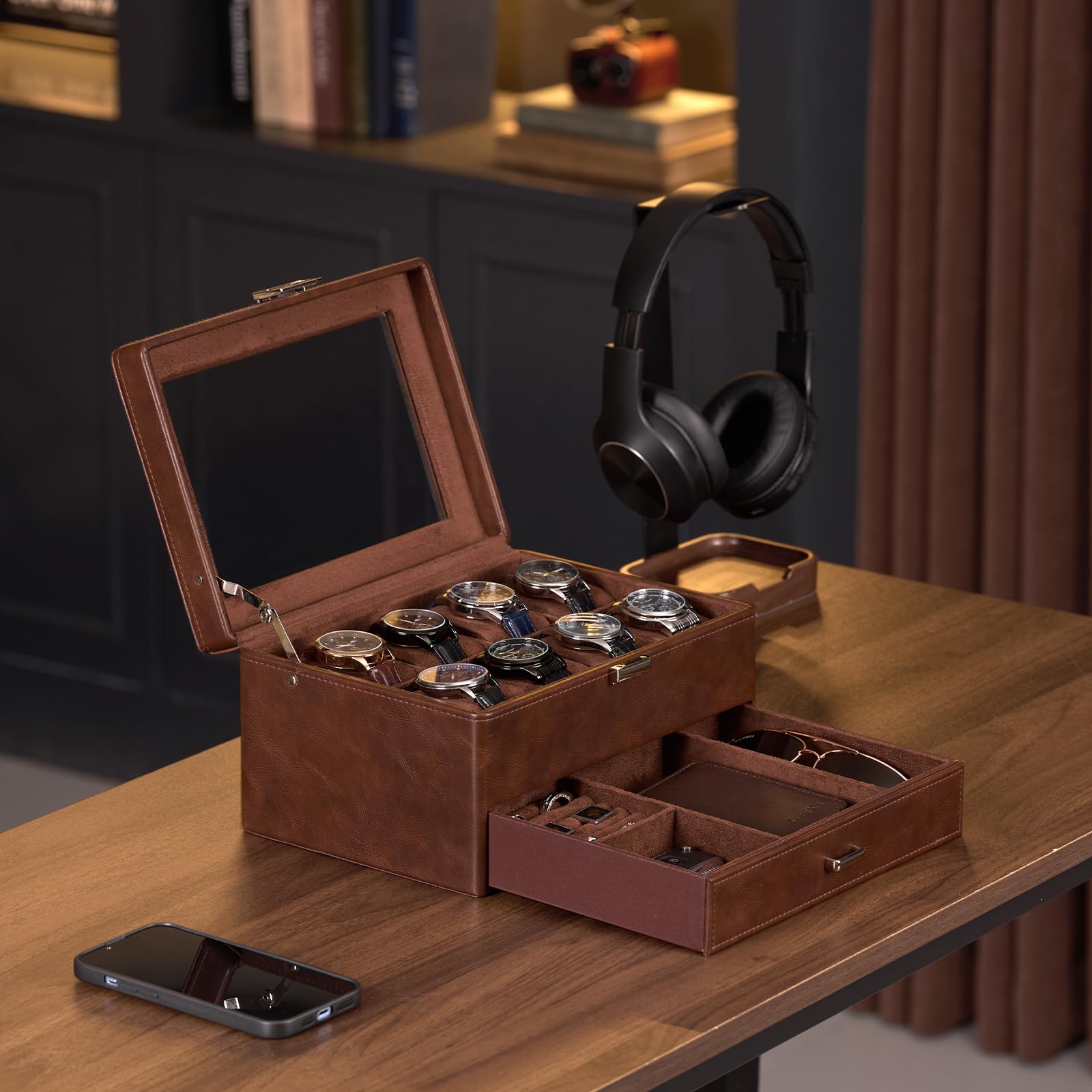 Portagioie per Uomo, Scatola Organizer con cassetto, teca espositiva con Coperchio in Vetro - Marrone, 8 Scomparti