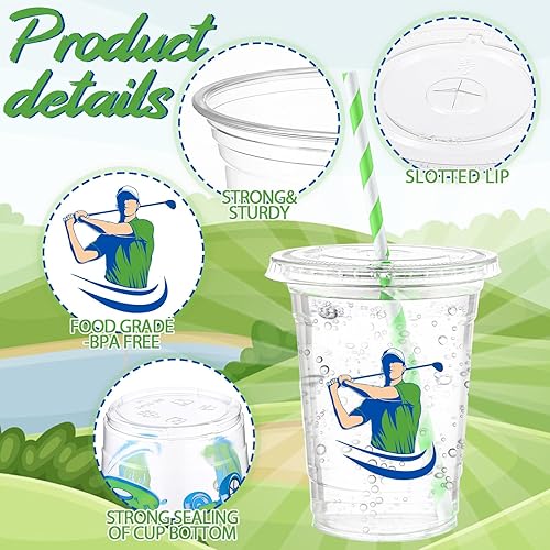 Miniatura 2 de Honeydak Juego de 150 tazas temáticas de golf, 50 tazas desechables transparentes de 16 onzas con 50 tapas y 50 pajitas de papel, regalos de fiesta