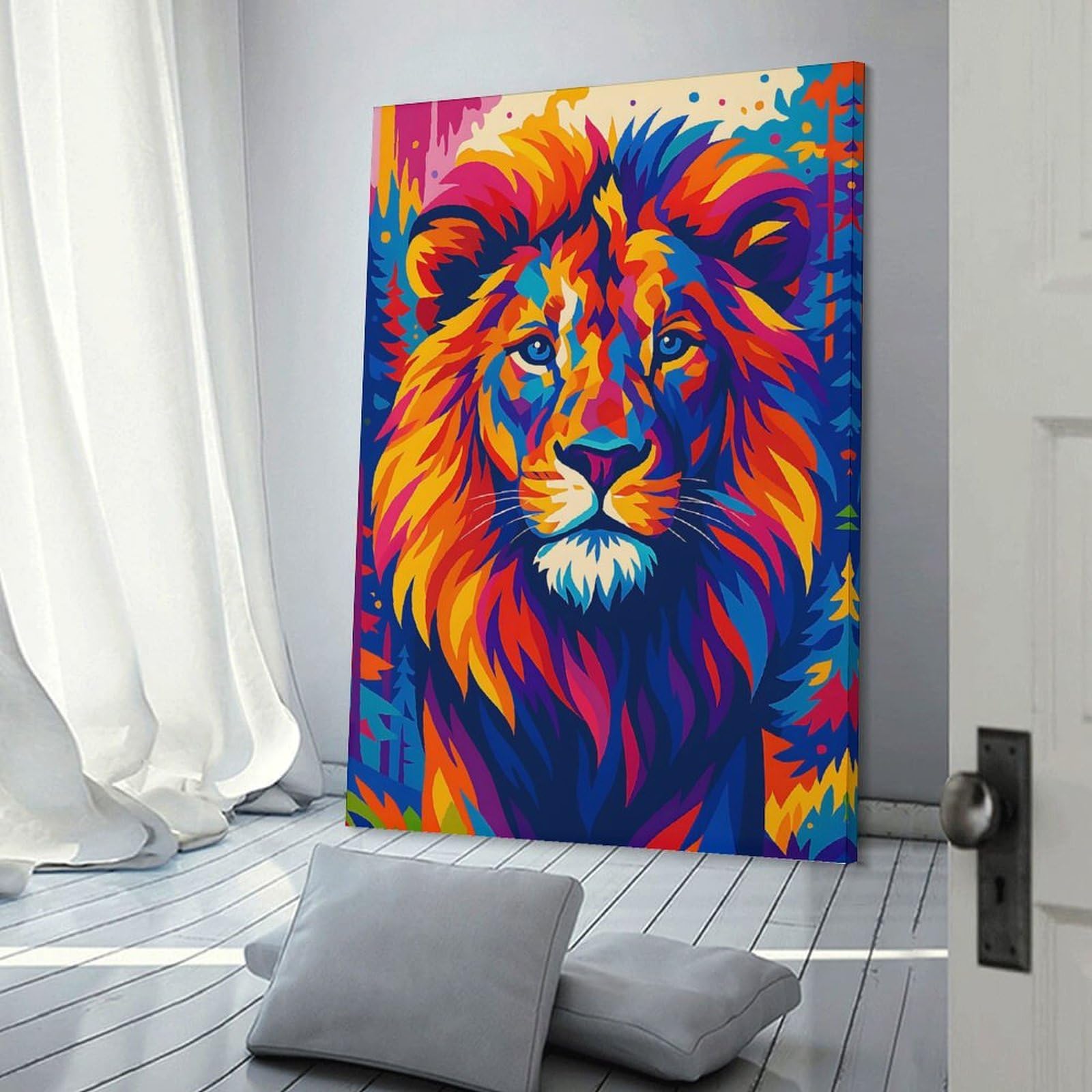 Junmoney Colorful Lion Portrait in Forest Wall Picture Print 24x36inch(60x90cm), for Work Areas, Reading Rooms Or Studios, An Interior Accent for Desk Areas