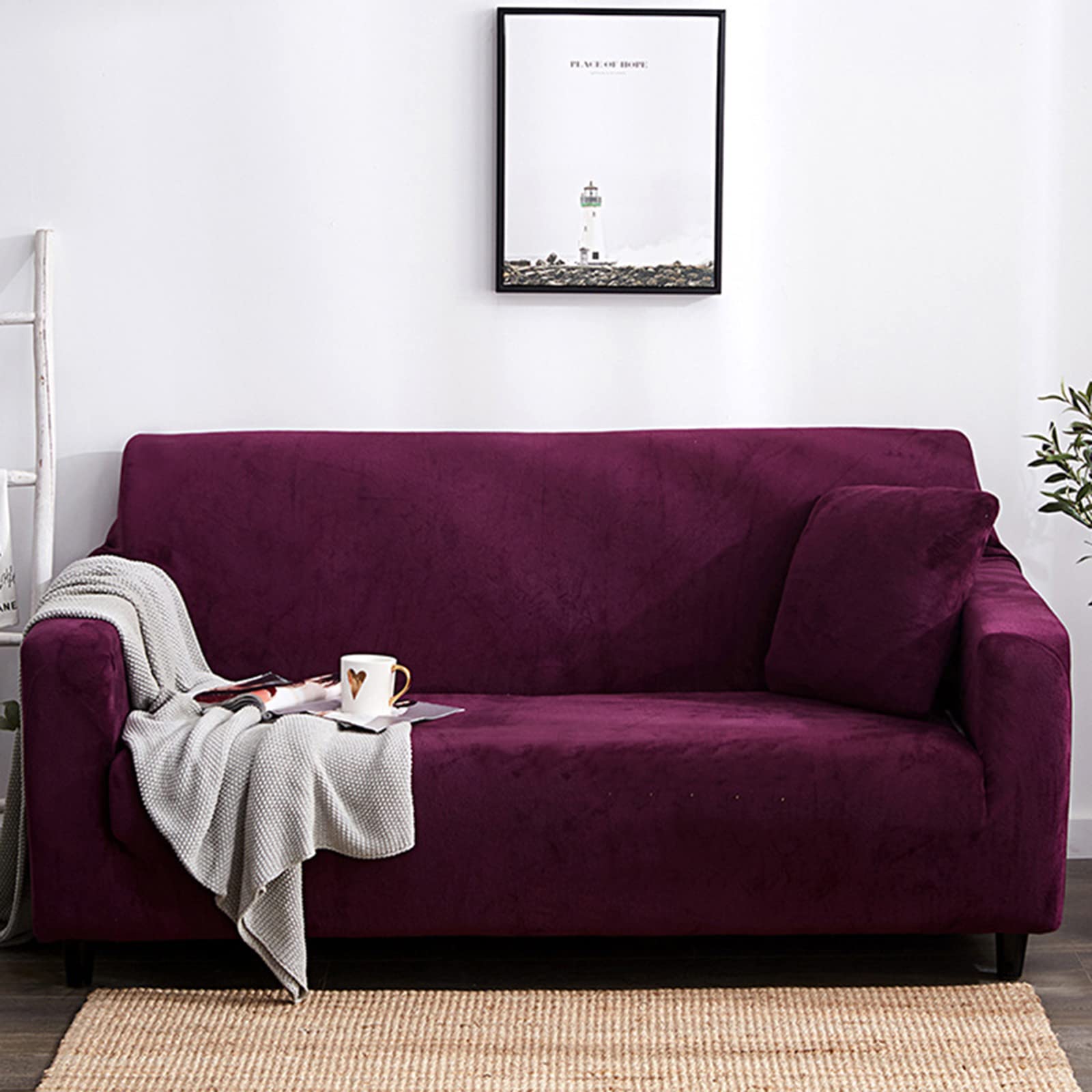 Housse de canapé en velours pelucheux rouge vin extensible 3 places