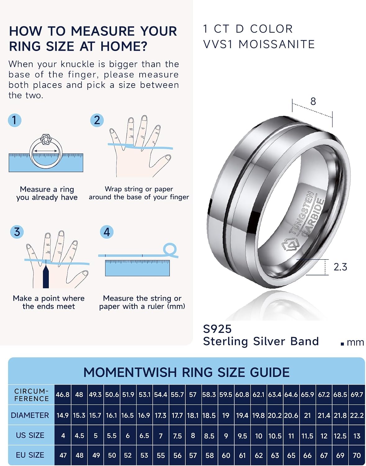 MomentWish 8mm Tungsten Wedding Rings, Anniversary Day Gift for Him, Moissanite Engagement Ring for Men, Silver/Black Tungsten Eternity Band