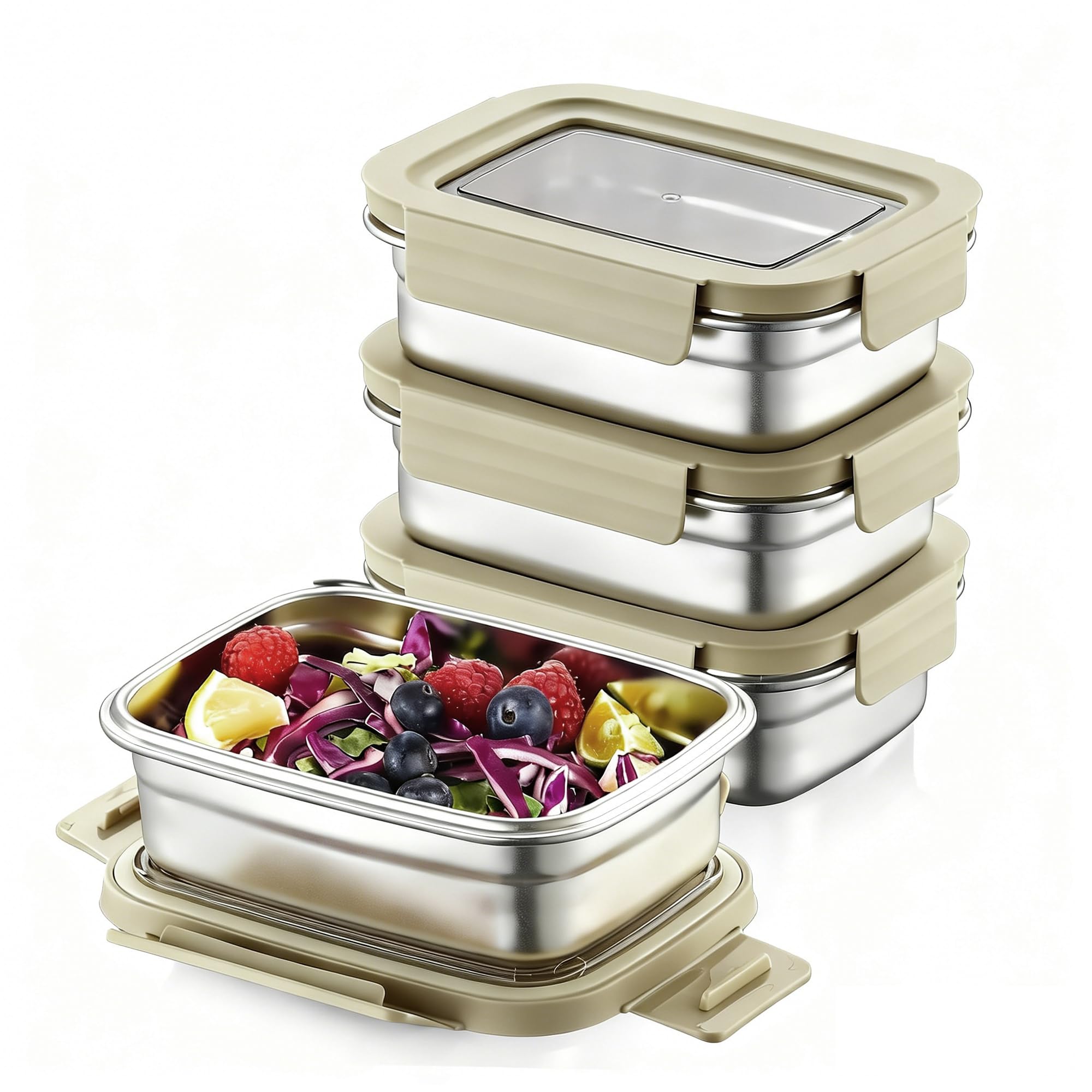 Misichao Kleine Edelstahl Frischhaltedosen mit Deckel - Stapelbare Meal Prep Food Container Auslaufsicher, Wiederverwendbare Metall Bento Lunchbox (Gelb, 650ml * 4)