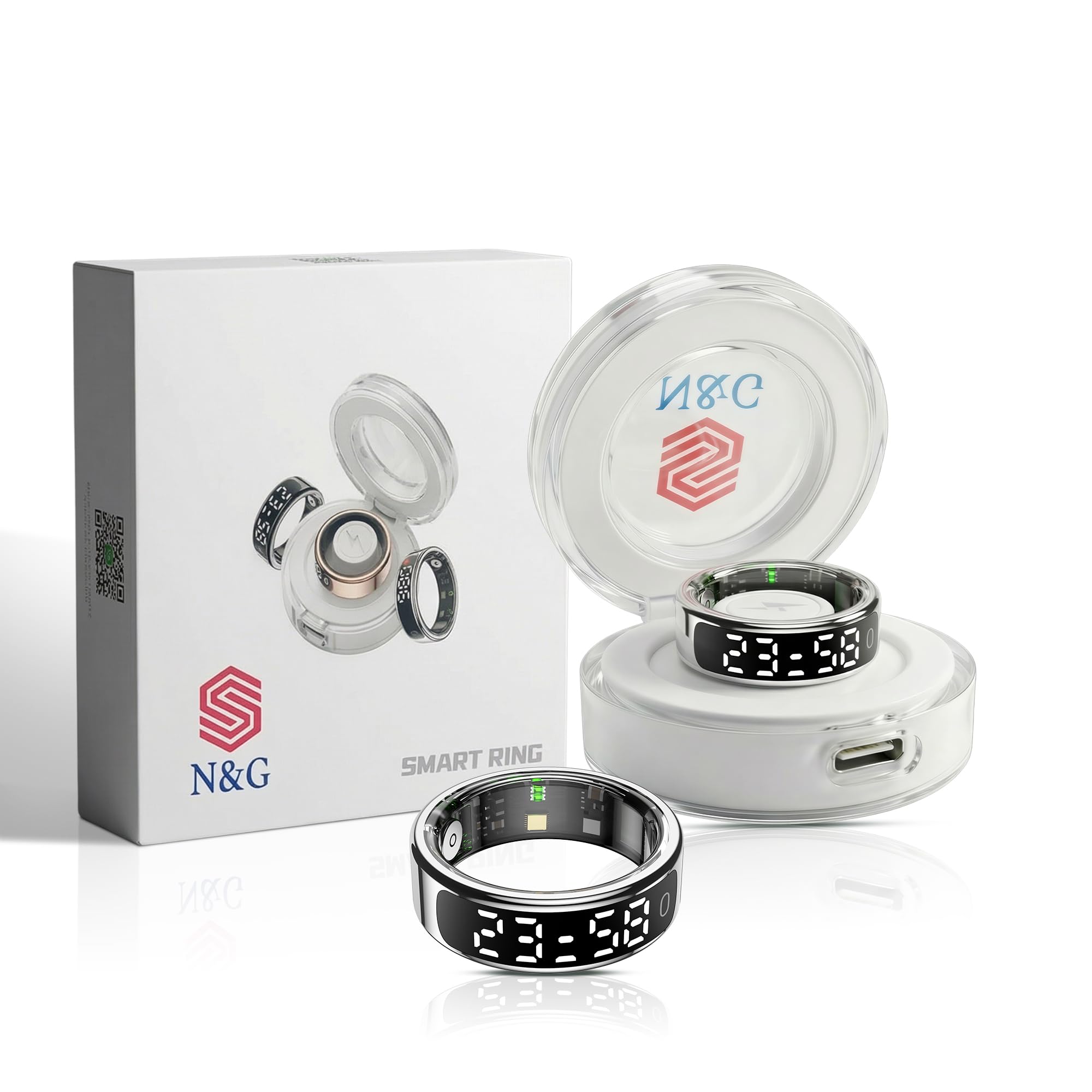 N&G Smart Ring for Men & Women – Fitness & Health Tracking Ring with LED Display, Heart Rate, Step Count & Sleep Monitor, Multi-Sport Modes, 5ATM Waterproof, iOS & Android Compatible (Silver, 8)