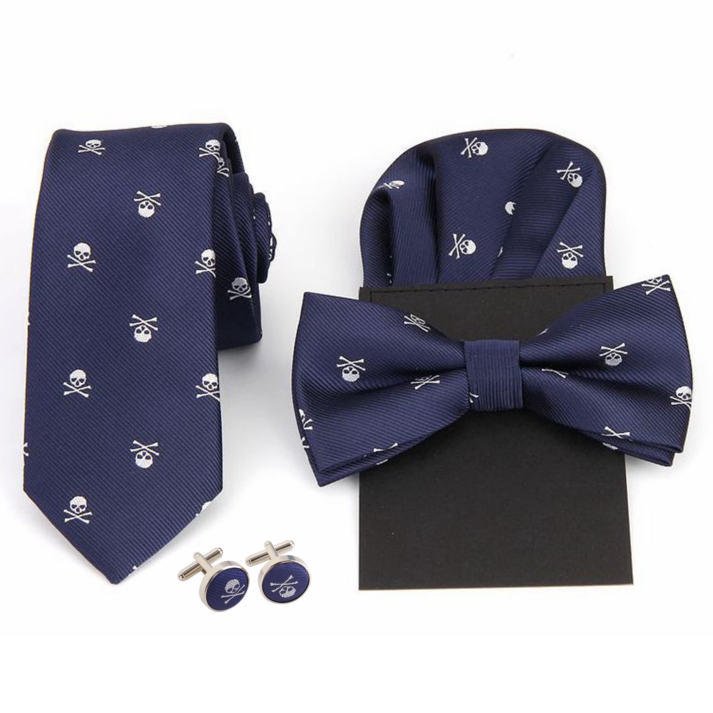 WANYING Hombre 6cm Corbata & Pajaritas & Pañuelo de Bolsillo 3 en 1 Set Moda Casual Cool - Calavera Patrón