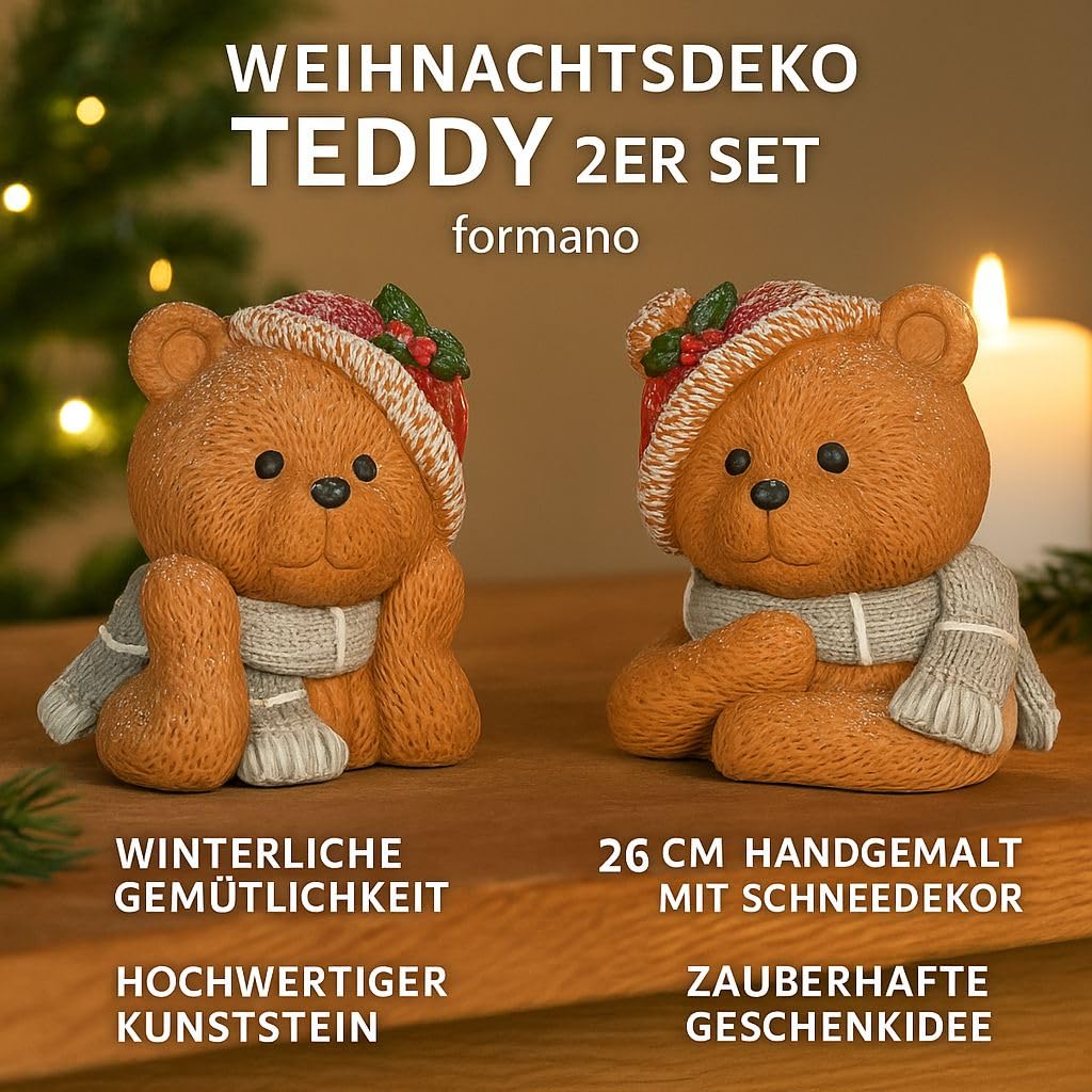 formano Dekoracja bożonarodzeniowa, zestaw 2 sztuk, figurka dekoracyjna z motywem misia, 26 cm, sztuczny kamień, ręcznie malowany z dekoracją śnieżną, strukturalna powierzchnia, idealna na świąteczny