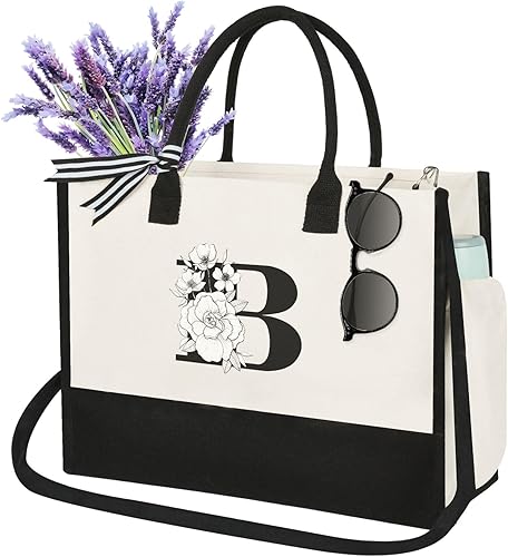 Miniatura 1 de MOJIEY Bolsa de lona con inicial, tema de jardín del alfabeto, regalo personalizado de cumpleaños, Navidad, boda para mujeres