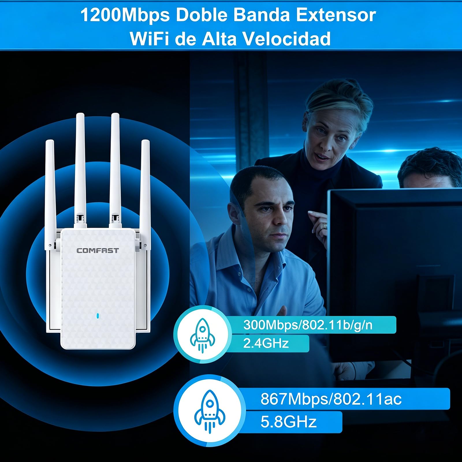 COMFAST Repetidor WiFi, AC1200M Amplificador Señal WiFi, 2.4/5 GHz Amplificador WiFi Potente con Puerto Ethernet, 4 Antenas Externas, Extensor de WiFi para Casa y Oficina, WPS, Repetidor/Router/Ap