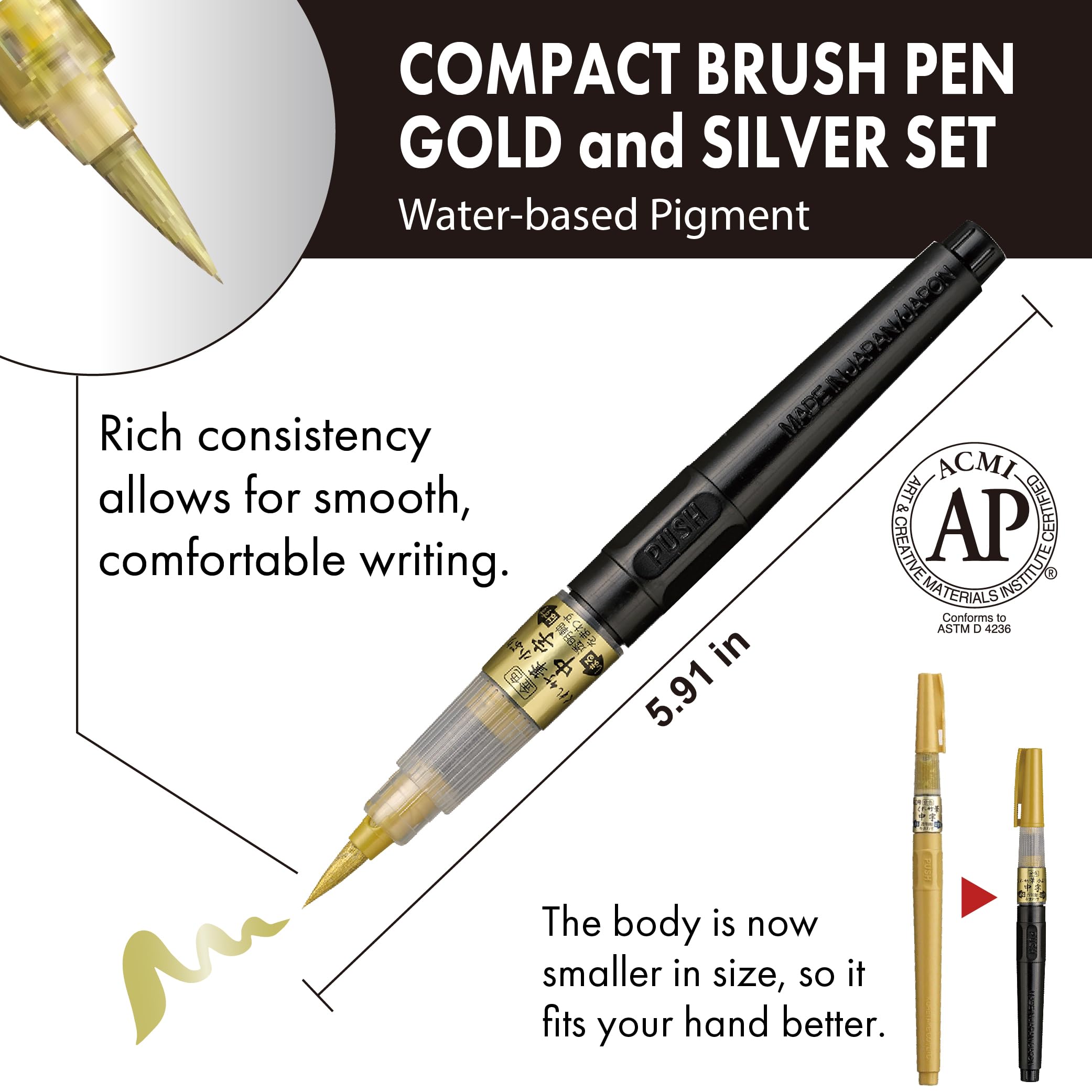 Kuretake Fude Brush Pen Compact CHUJI, Gold & Silver Ink, Medium tip marker, for Calligraphy Manga, Drawing, Professional - Image 2