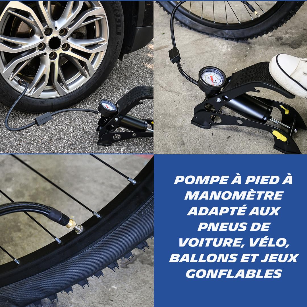 MICHELIN 009501 Pompe à Pied avec Manomètre Analogique – 7 Bars, Flexible 80 cm – Gonfleur Haute Pression pour Vélo, Moto, Auto, Camping-Car, Utilitaires, SUV, 4x4 – Robuste, Précise