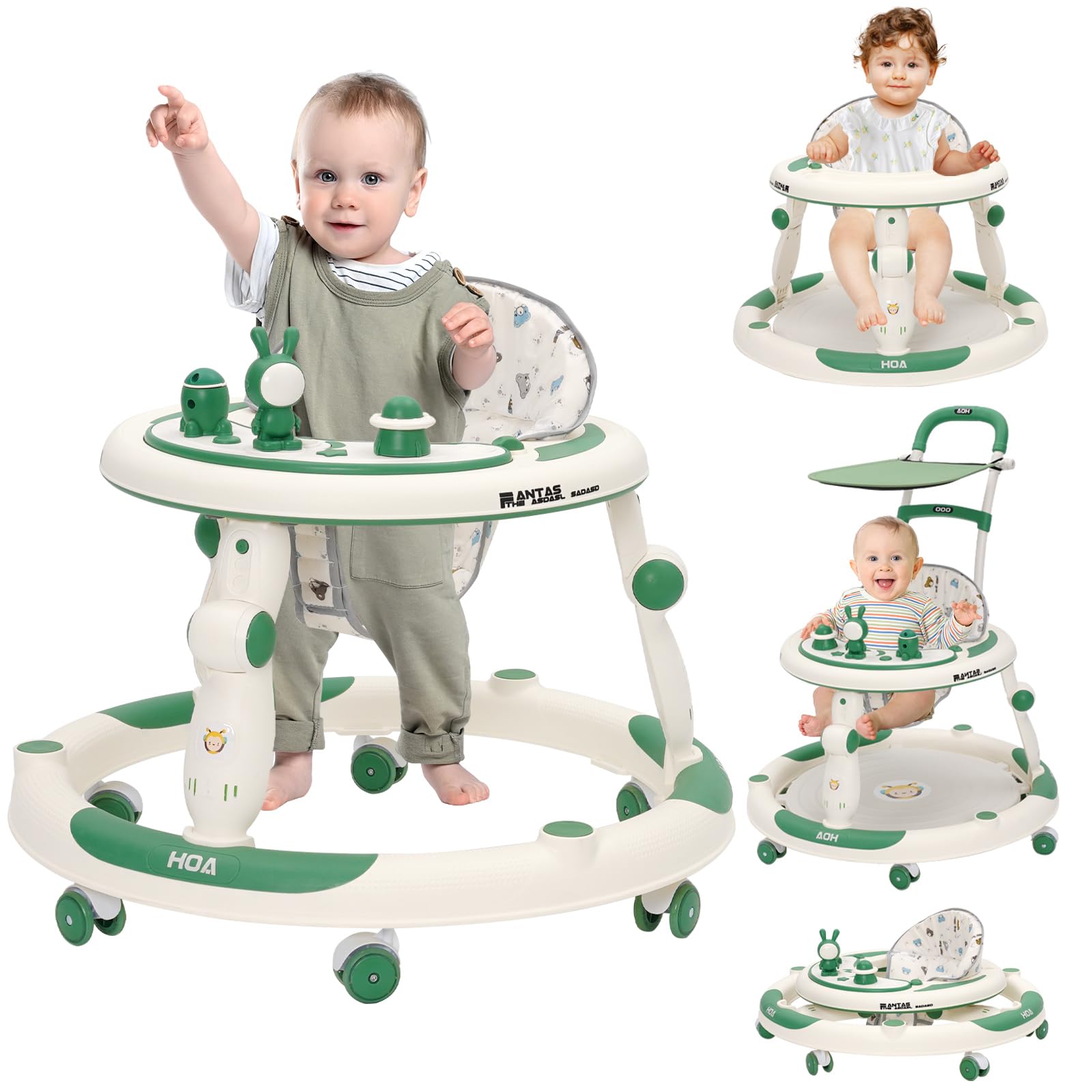 Trotteur Bébé Evolutif 3en1, Jumper Bébé en Roues Silencieuses à 360°, Centre de Jeux, Table à Manger et Accoudoirs, Réglable en Hauteur, Trotteur Bebe Fille/Garçon de 6 Mois Pliable, Vert