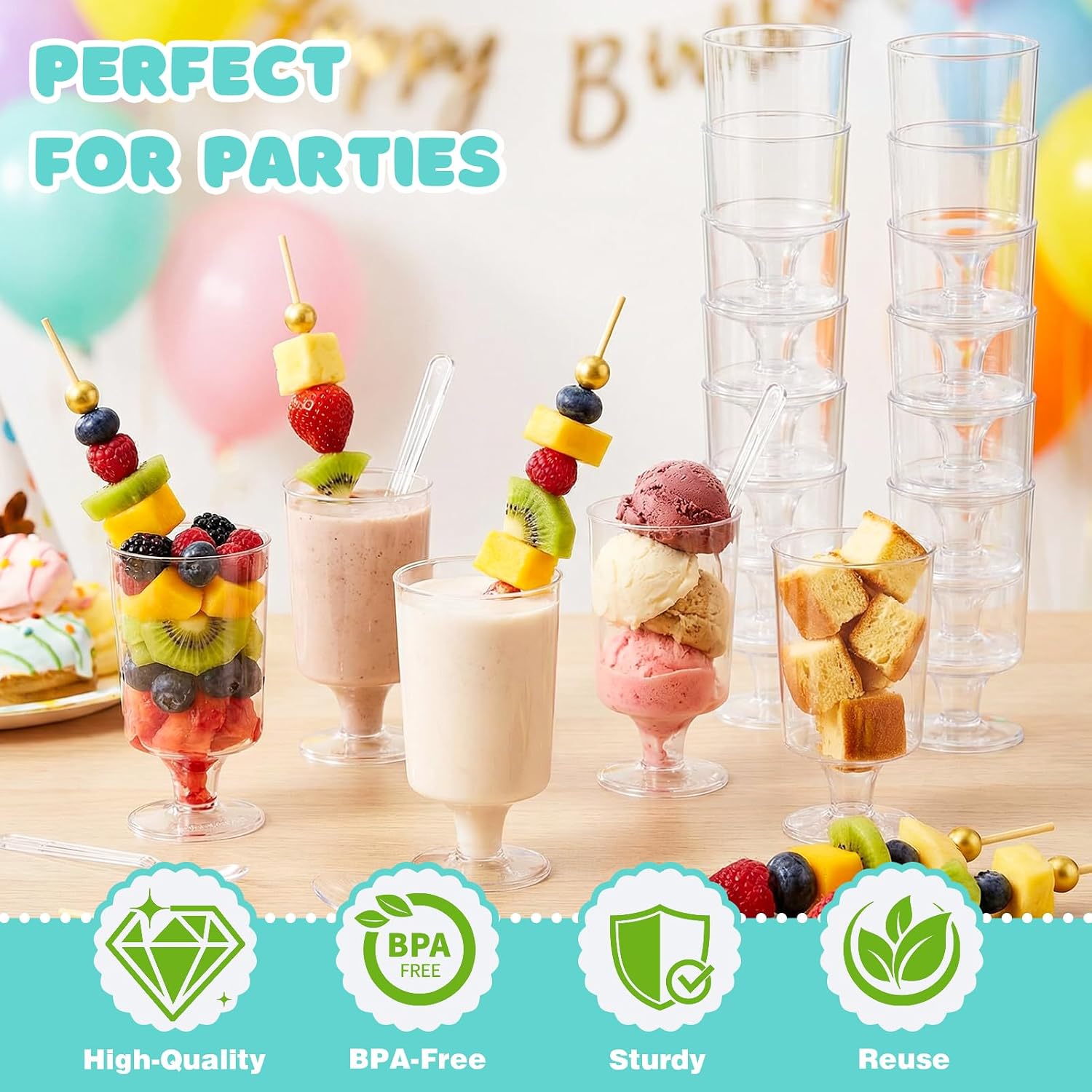 220 Pcs 4 oz Mini Dessert Cups with Spoons and Bamboo Skewers, Round Clear Plastic Parfait Shooter Cups for Parties - Serve Fruit, Ice Cream, Mousse, Pudding, Yogurt, Appetizers, Vasos para Postres