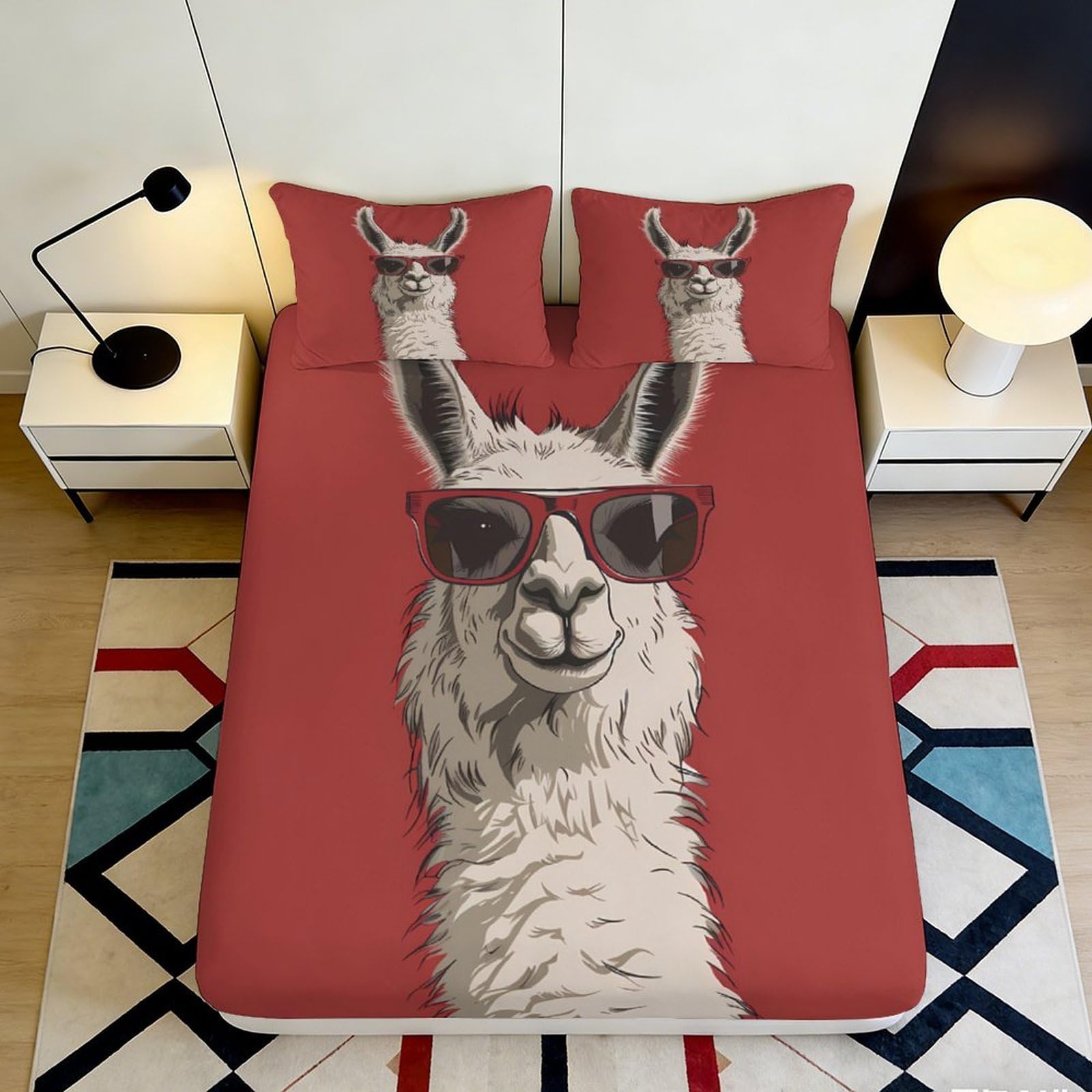 3D Printed Llama With Sunglasses Fitted Sheet Microfiber Deep Pocket Bedroom Llama Mattress Fitted Cover Full Wrap Non-Slip Washable 200x200x25cm