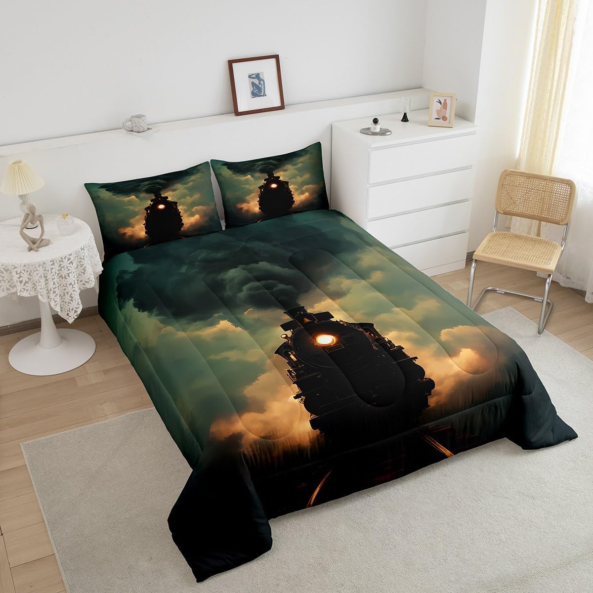 Erosebridal Steam Train Comforter Set Twin Size 3D Railway Track Bedding for Kids Vehicles Engine Room Decor Retro Transport Vehicle Duvet Insert Equipment Smoky Bedroom Decor Lightweight Quilt
