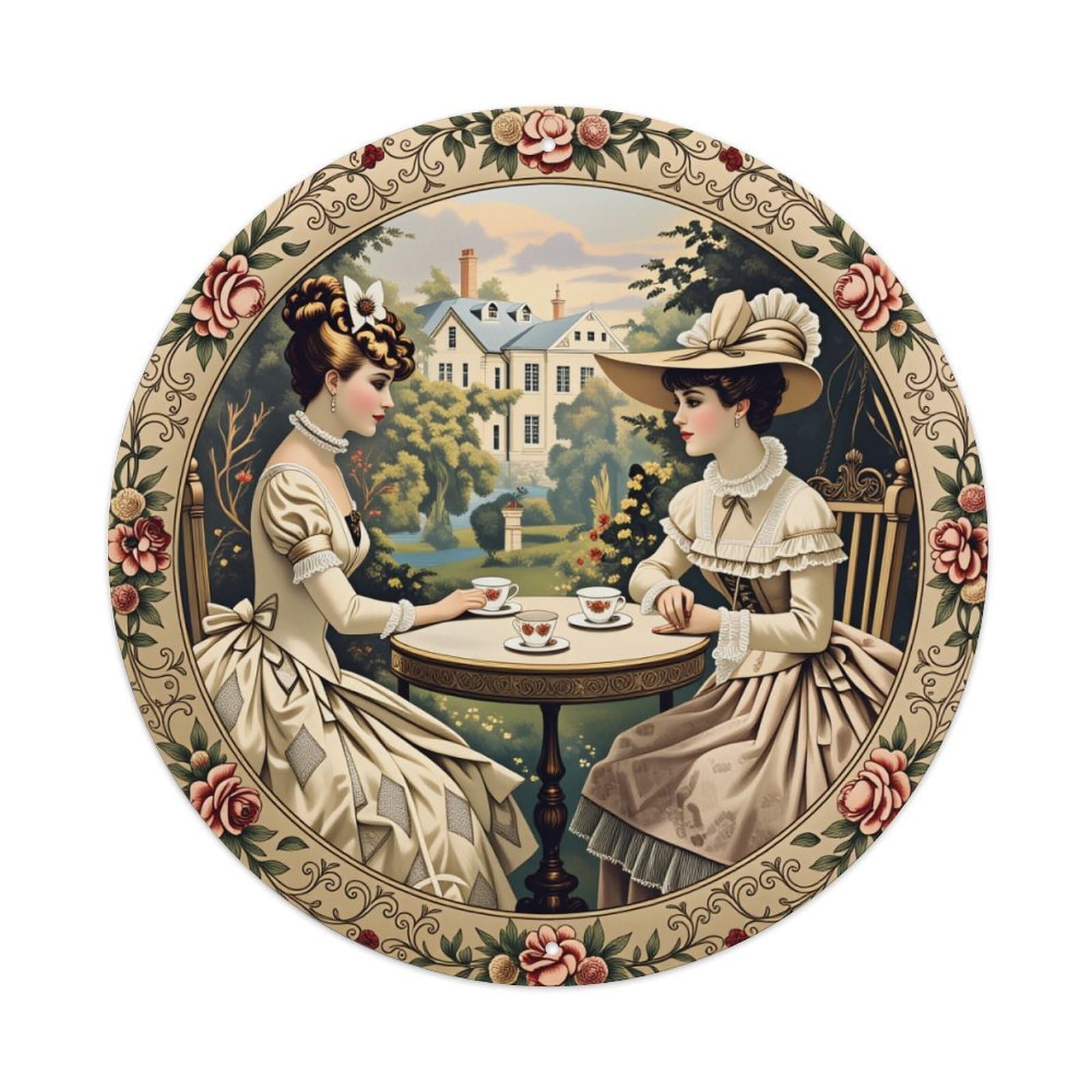 Floral Tea Garden Ladies Round Tin Sign Vintage Metal Poster Retro Bar, Home, Man Cave, Kitchen, Laundry Room Wall Art Decor Gift 8x8Inch