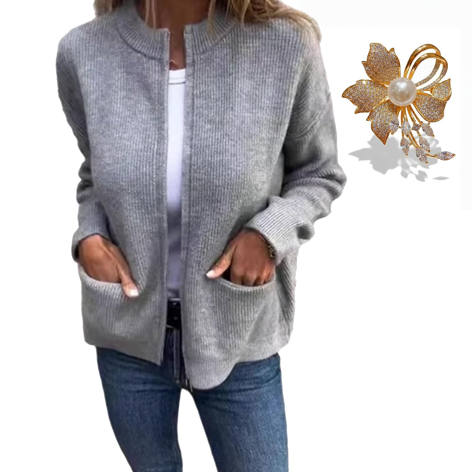 2025 Womens Round Neck Zipper Knitted Jacket Knitted Zip Up Sweater Zipper Cardigans for Women with Pockets
