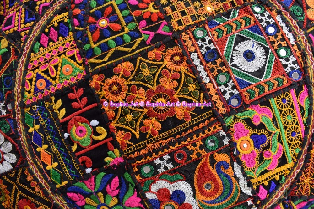 Sophia-Art Indian Embroidered Patchwork Cover Indian Decorative Pouf Indian Comfortable Floor Cotton Cushion Ottoman Pouf,Indian Designs Ethnic Patchwork Pouf (Black Rajkoti, 18"x13") 2