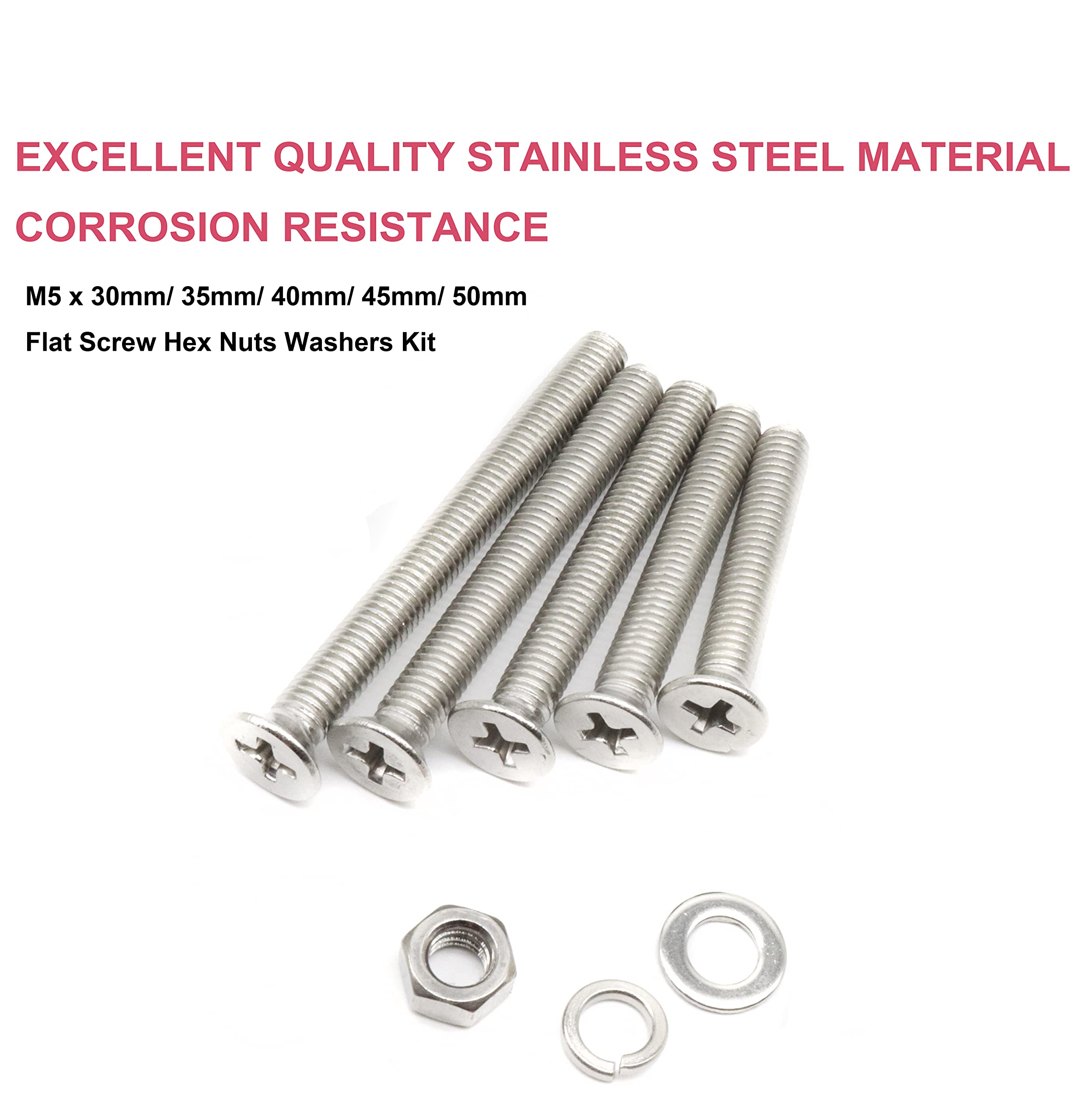 cseao 250pcs Metrisches M5 flat head Phillips Maschine Schrauben Muttern Unterlegscheiben Sortiment Kit, 304 Edelstahl