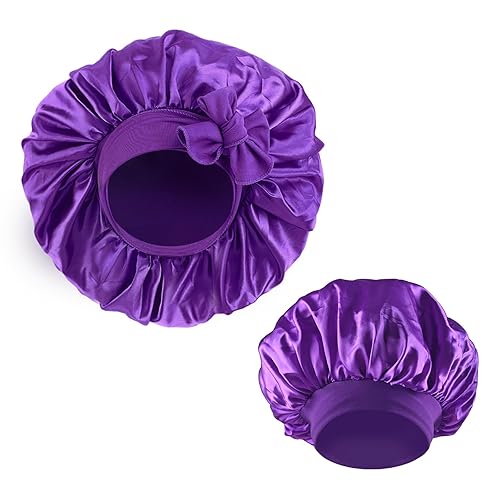 Gorro de seda de 2 piezas, 1 grande y 1 mediano, gorro ajustable con forro de satén para dormir, gorro de ducha de tamaño jumbo con banda elástica