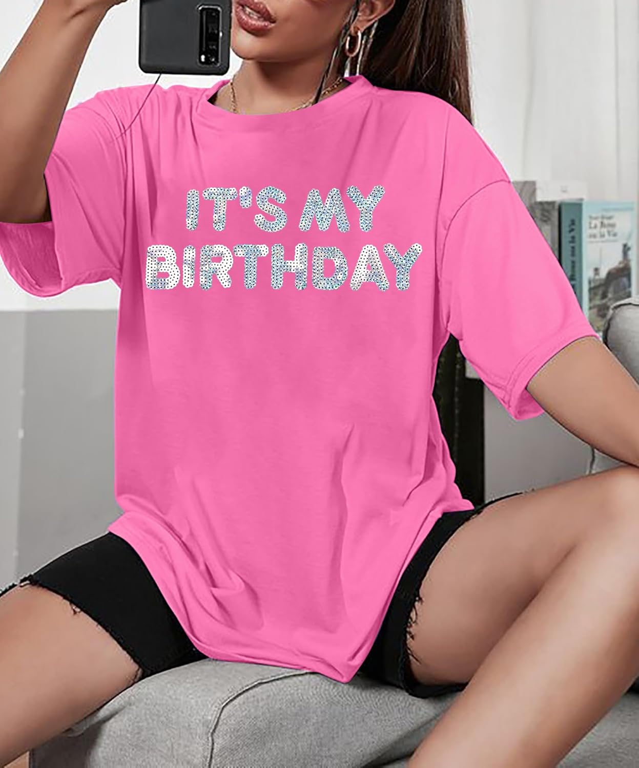 Women Oversized Sequin Birthday Shirt: It's My Birthday Graphic Tees Funny Print Short Sleeve Crewneck Outfit Tops - Image 6