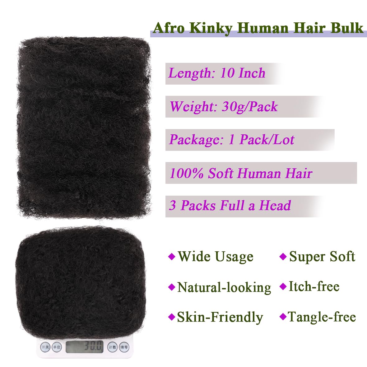 Kackanaa 10 Inch Springy Afro Kinky Human Hair Bulks for Dreadlock Extensions - Marley Twist Braiding Hair for Repair Locs 30g /Pack - Image 4
