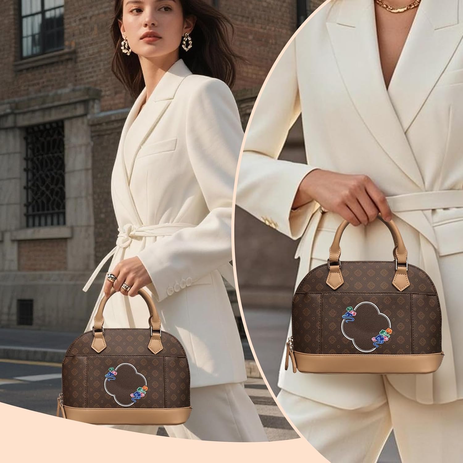 Satchel Purse for Women, Vegan Leather Classic Dome Shape Small Handbag with Detachable Strap - Crossbody & Top Handle Bag - Image 6