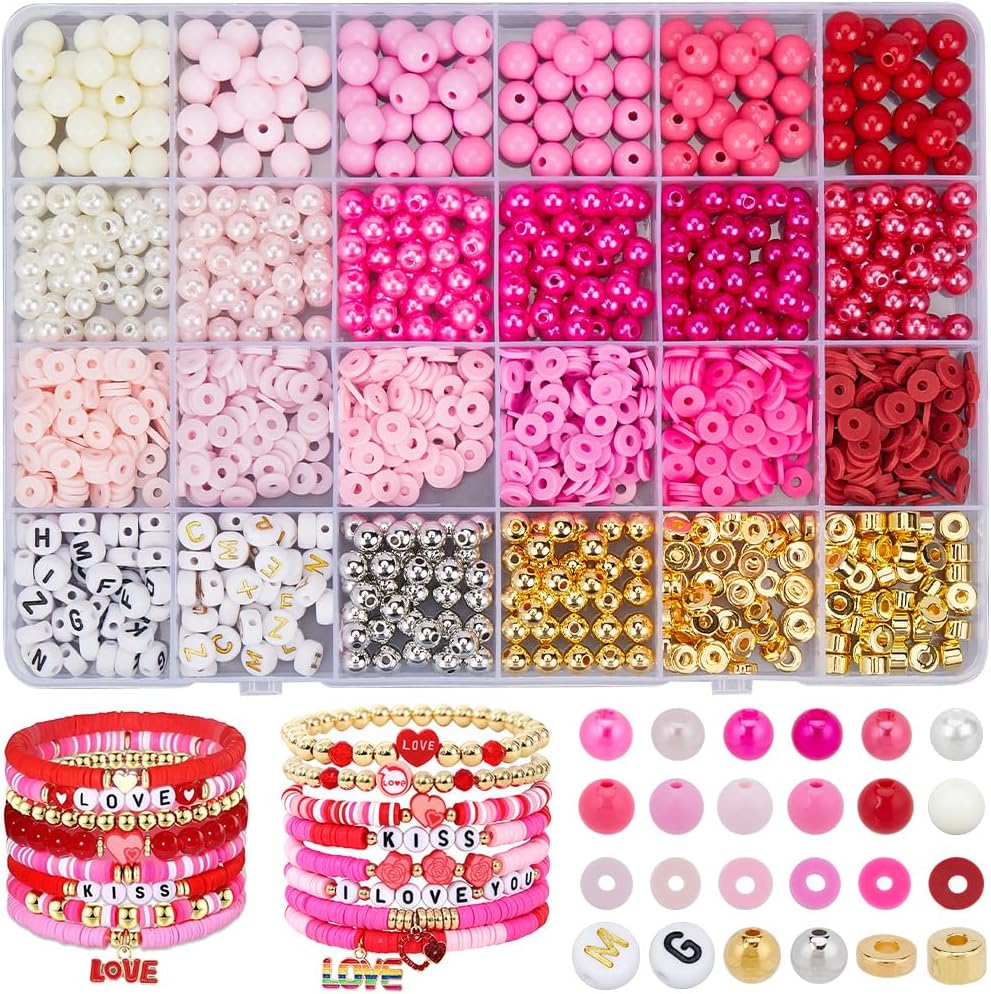 1 Box 2220Pcs Pink Bracelet Making Kit Friendship Bracelet Kit Letters Plastic Pearl Flat Round Polymer Clay Heishi Spacer Beads for Jewelry Bracelets Making Accessories Adults Adult