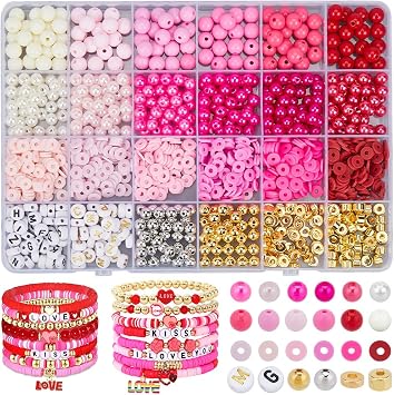 1 Box 2220Pcs Pink Bracelet Making Kit Friendship Bracelet Kit Letters Plastic Pearl Flat Round Polymer Clay Heishi Spacer Beads for Jewelry bracelets Making Accessories DIY Crafts Adult