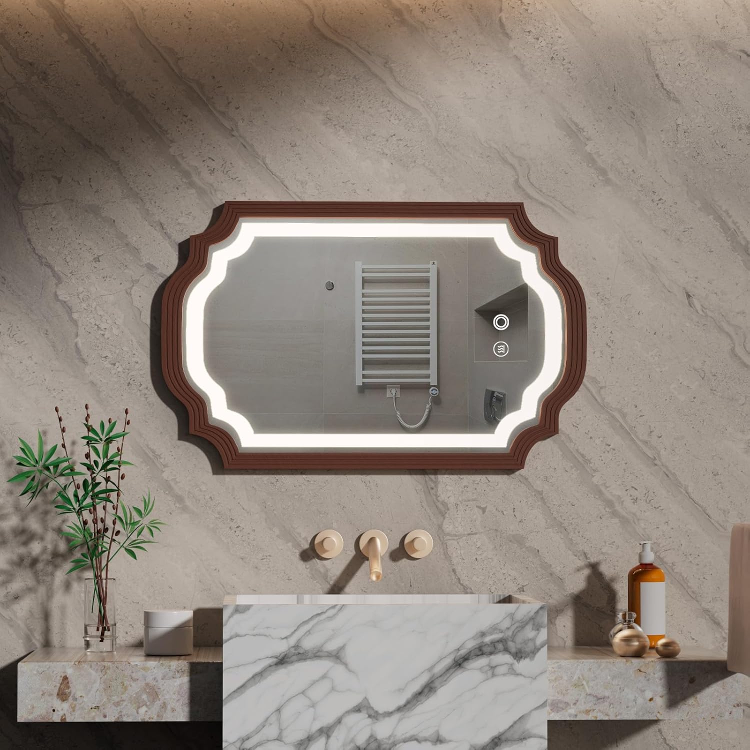 36\"x 24\" wood framed led bathroom mirror with lights, vintage led mirror for bathroom, accent lighted bathroom mirror anti-fog dimmable rectangle adjustable 3 colors walnut walnut 36\"l x 24\"w (not tested)