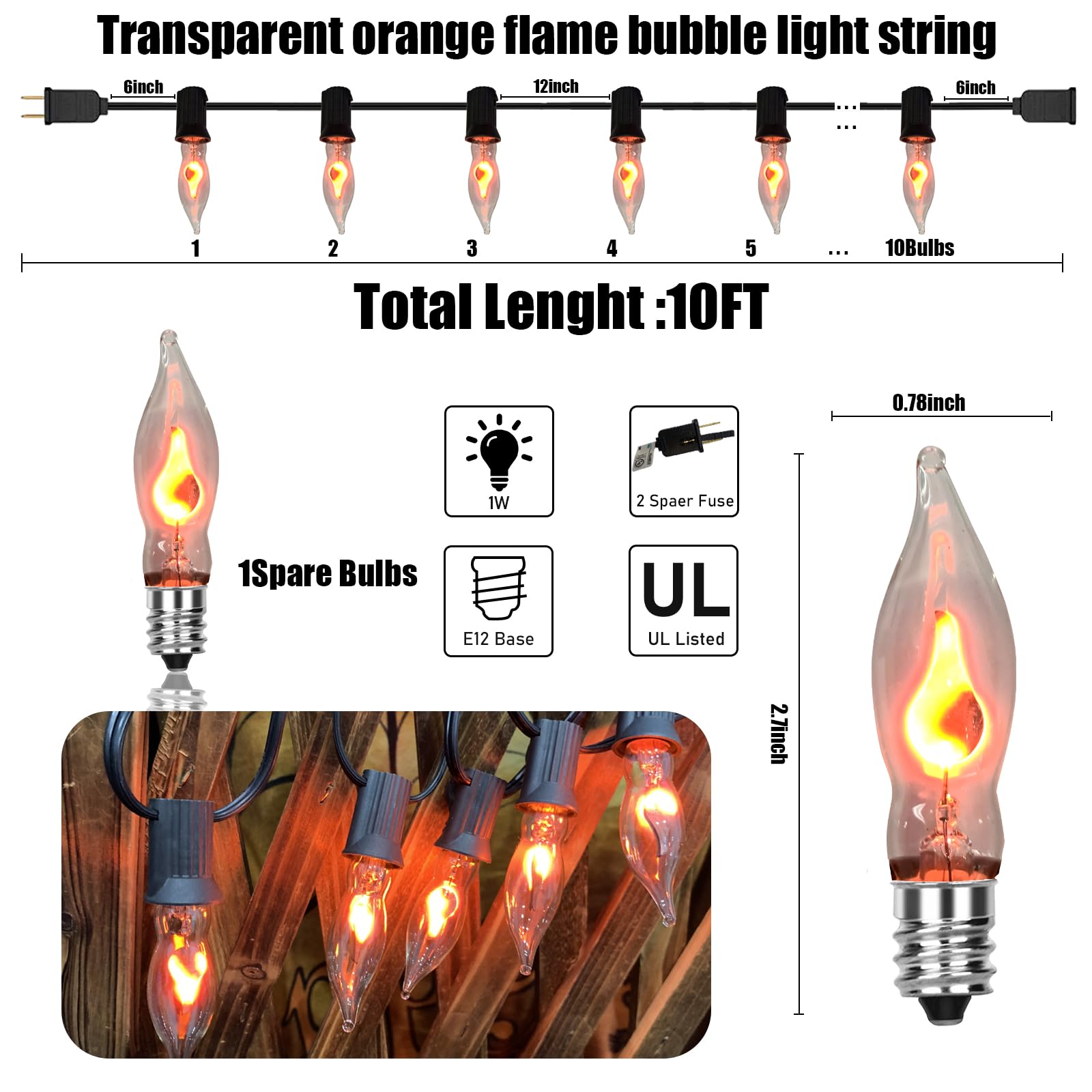 Bokoiuu 10 FT Flickering Flame Light String, C18 Halloween Decoration Light String, With 10 Clear Flame Bulbs, For Outdoor Indoor Home Halloween Christmas Decorations, E12 Base - Black Wire