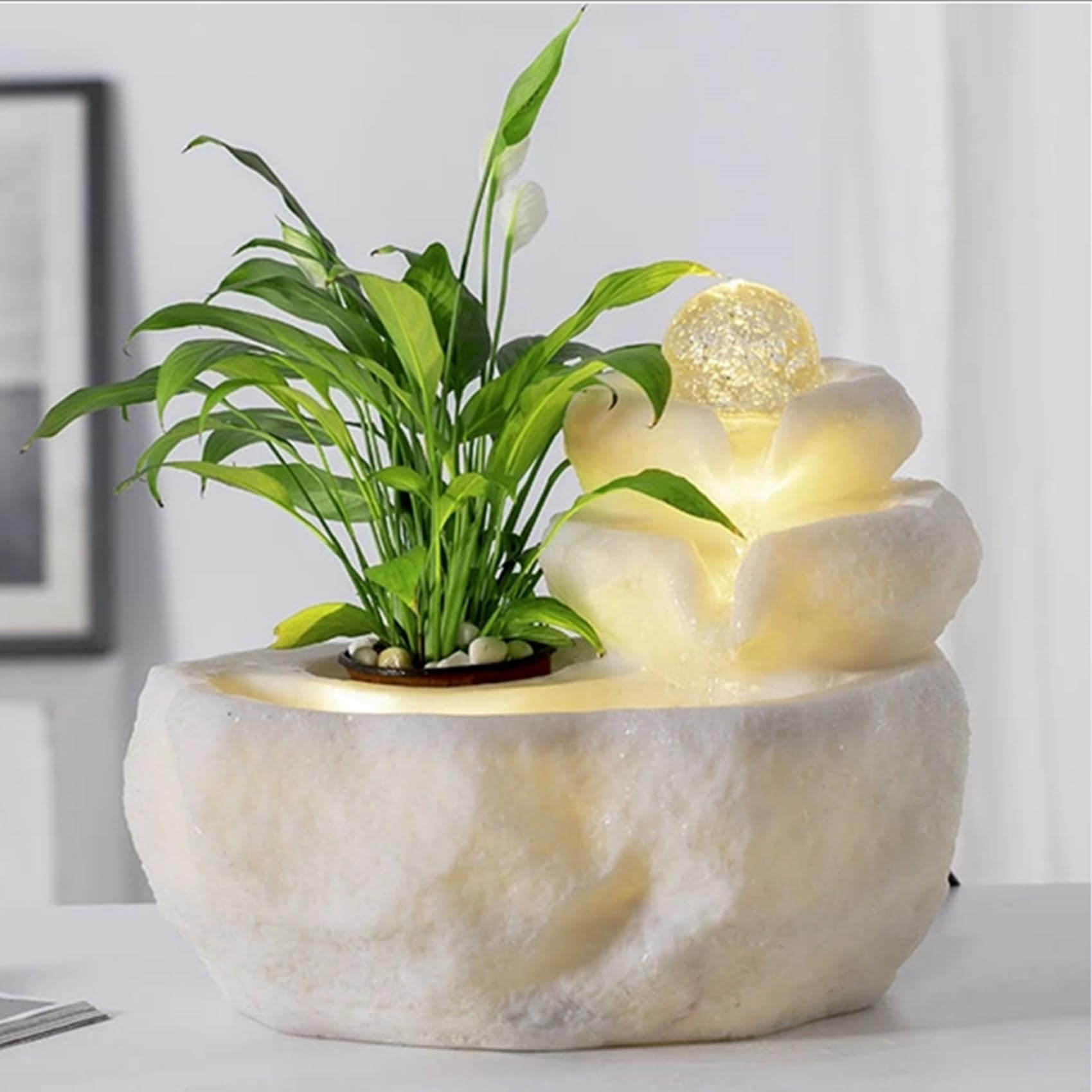 Hlixzoy ,B,Indoor Resin Fountain Rockery – Flowing Water Bonsai Desktop Humidifier & Purifier, Fortune Ball Gold Treasure Waterscape Ornament