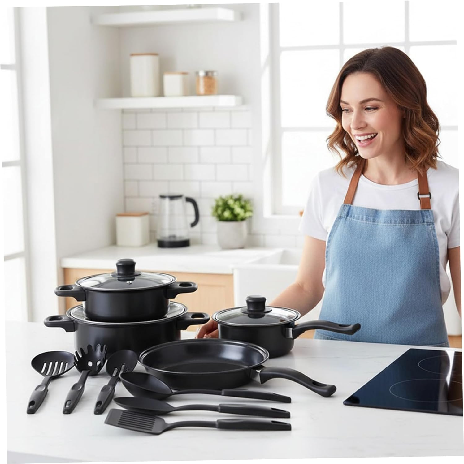 Non Stick Pots and Pans Set 13 Piece Cookware Set with Frying Pans Saucepan Lid Spoon and Spatula Kitchen Cooking for Home Daily Cooking